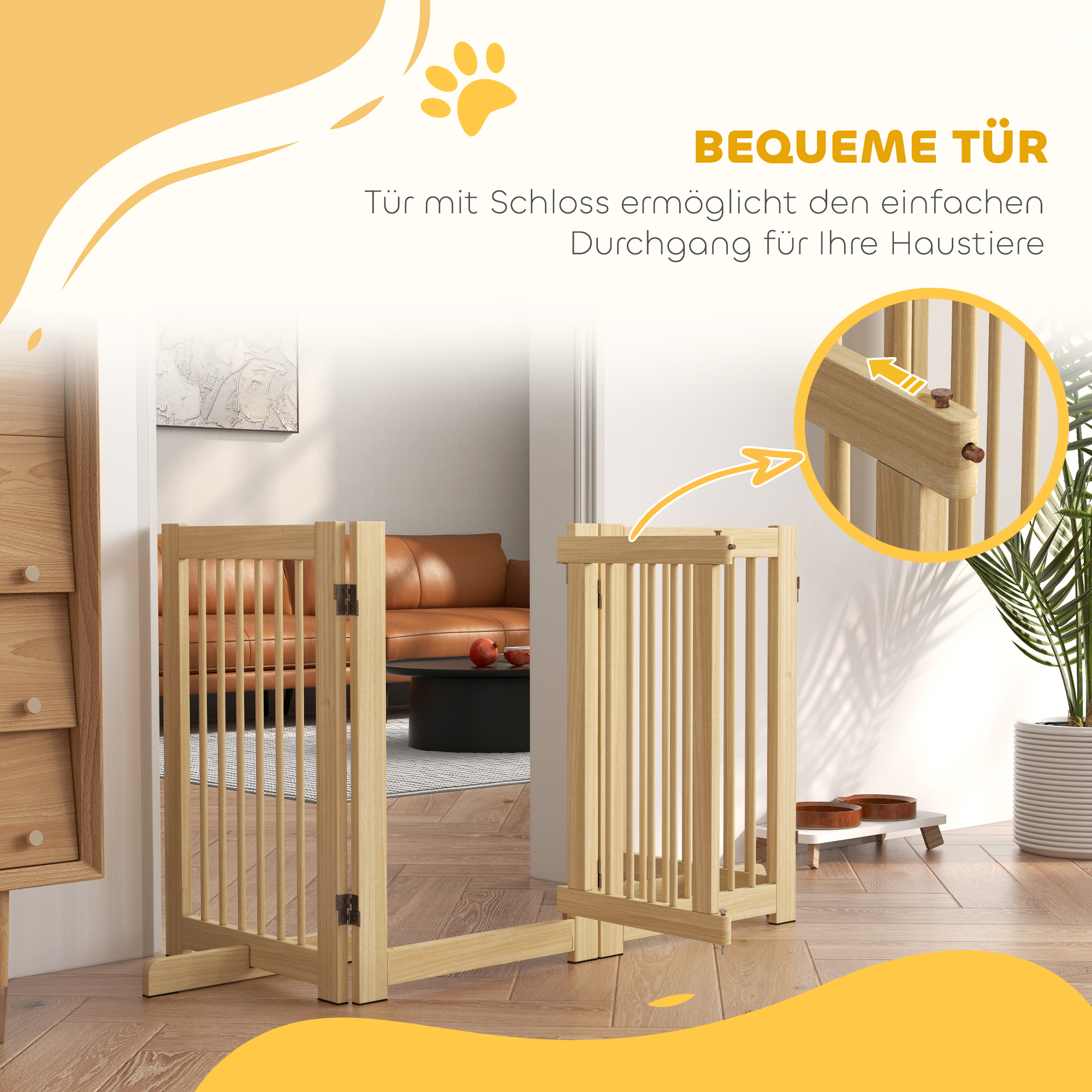 Ein Babygitter aus Holz ist geöffnet. Das Gitter hat vertikale Stäbe. Das Bild zeigt einen Türrahmen und dahinter.