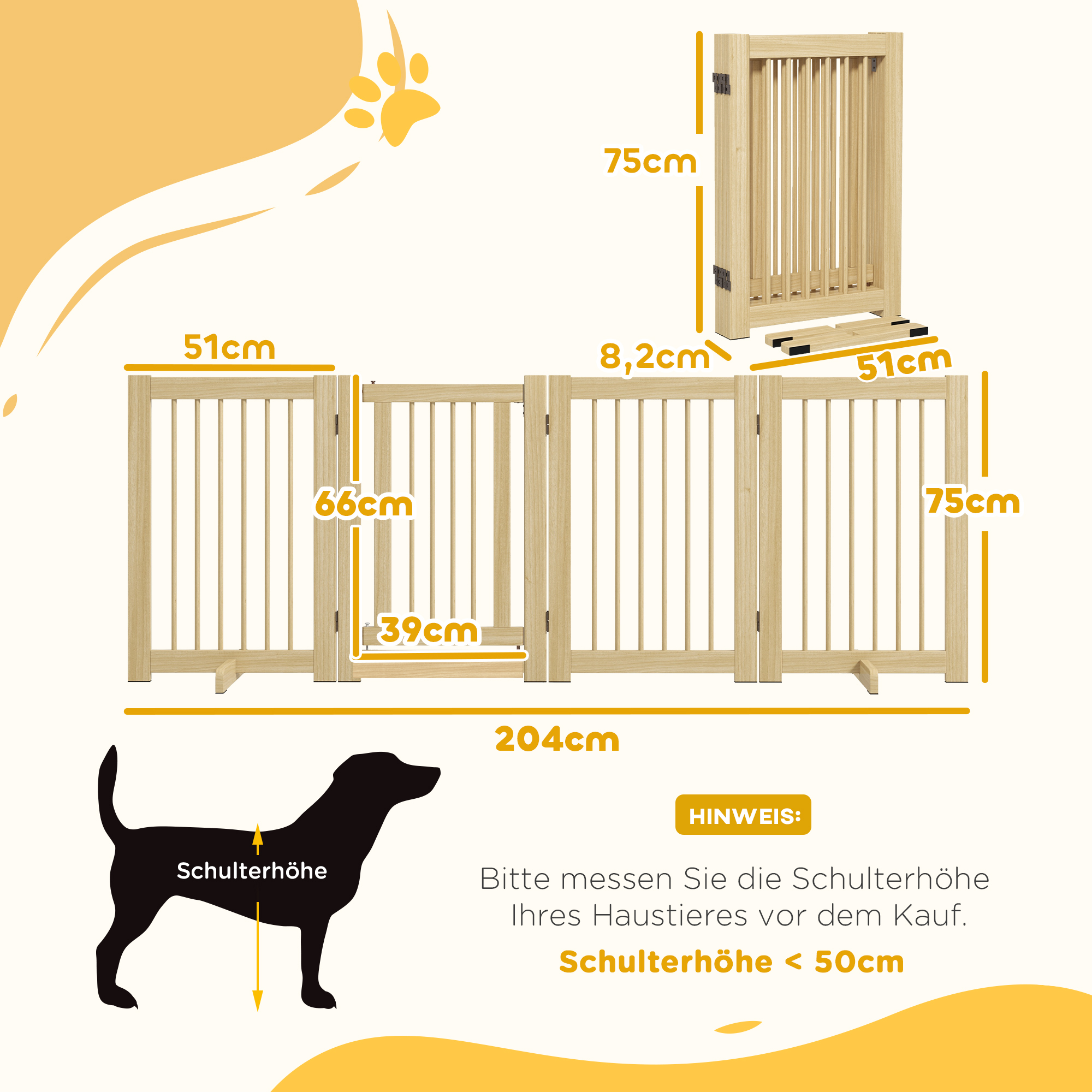 Diagramm eines Holztors mit Abmessungen und einer Silhouette eines Hundes zur Höhenmessung.
