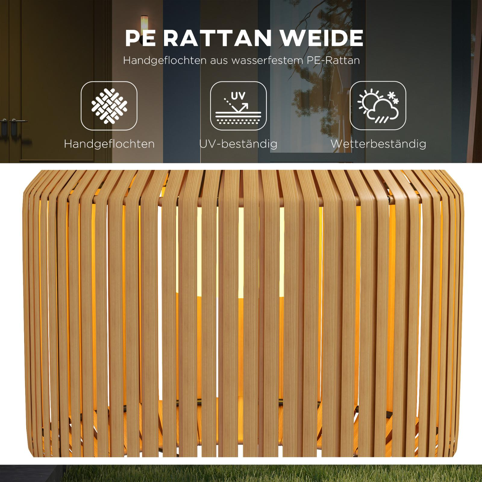 Holz-Außenlampe mit vertikalen Lamellen und durchscheinendem Licht. Drei Symbole sind sichtbar.