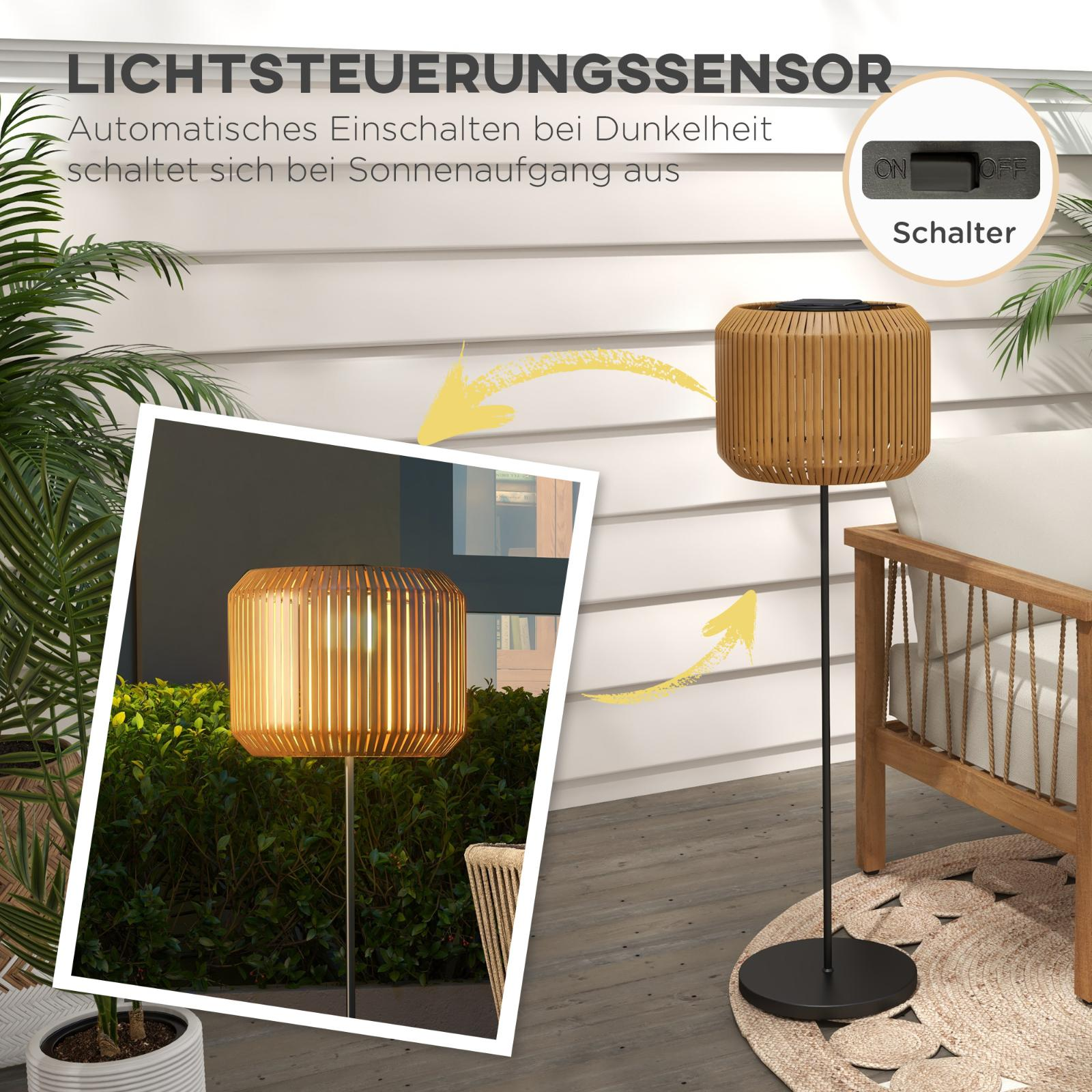 Holzlampe mit Licht und Schalter. Das Bild zeigt auch ein Bild der Lampe. Szene im Freien.