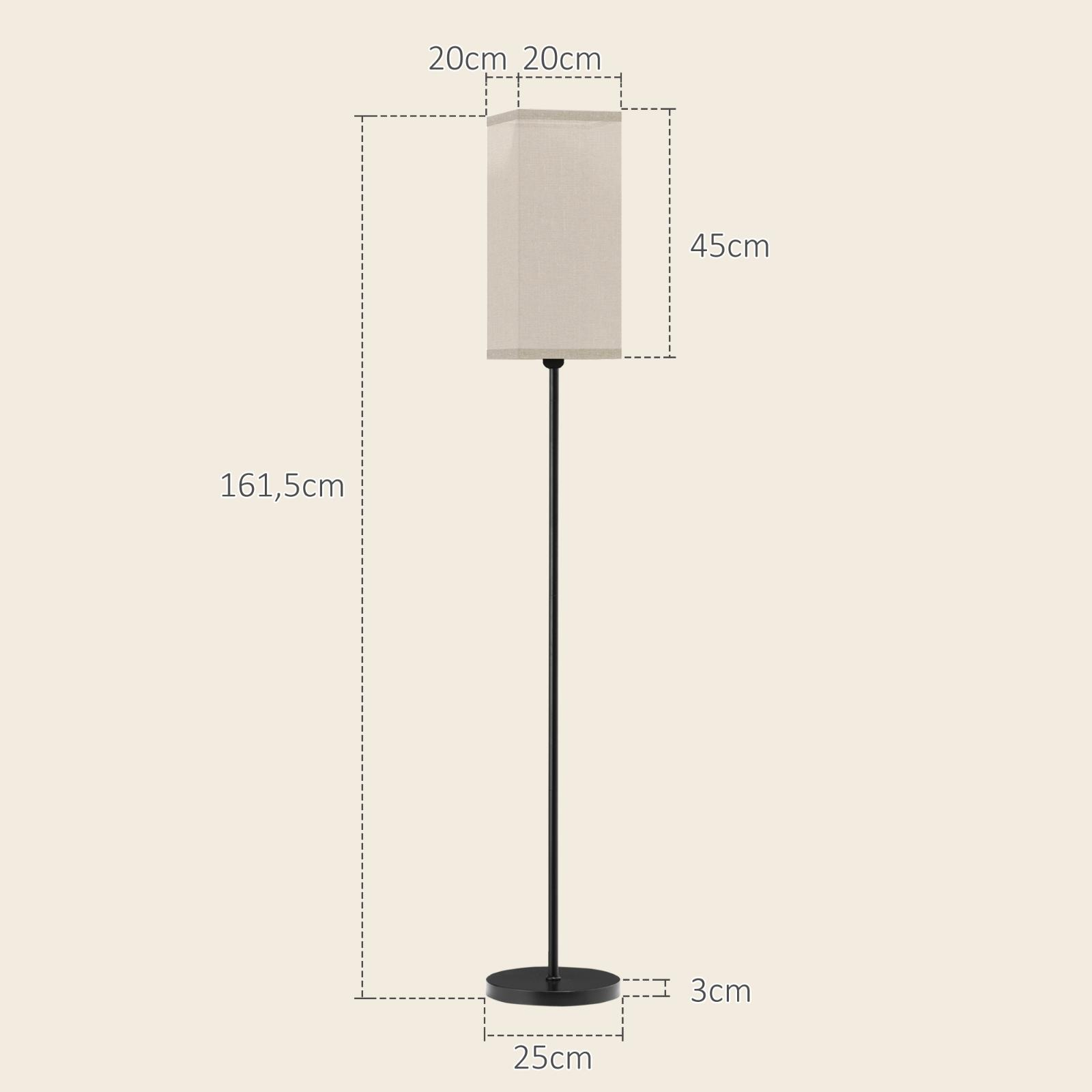Eine hohe schwarze Stehlampe mit beigem Lampenschirm. Abmessungen werden angezeigt.