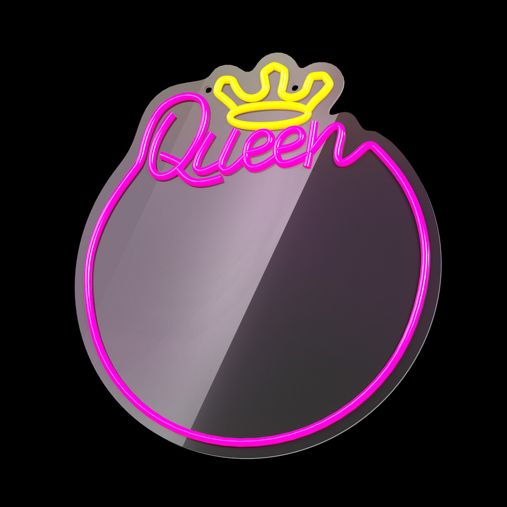 Insegna al neon a forma di cerchio, con la parola "Queen" in rosa e una corona gialla.