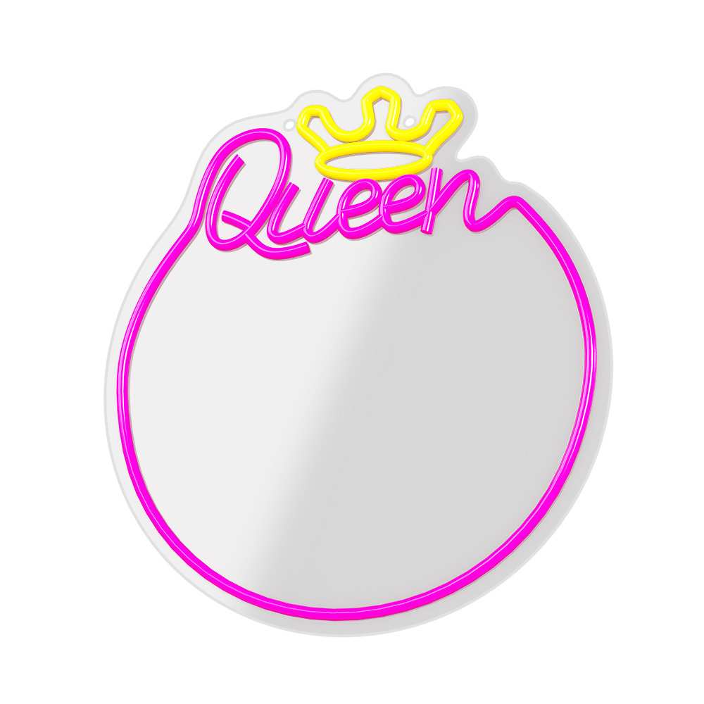 Cerchio bianco con la parola "Queen" in rosa e giallo. È un'insegna al neon.