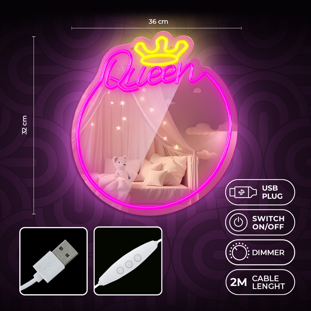 Insegna al neon rosa con una corona e la parola 'Queen', più dettagli di controllo.