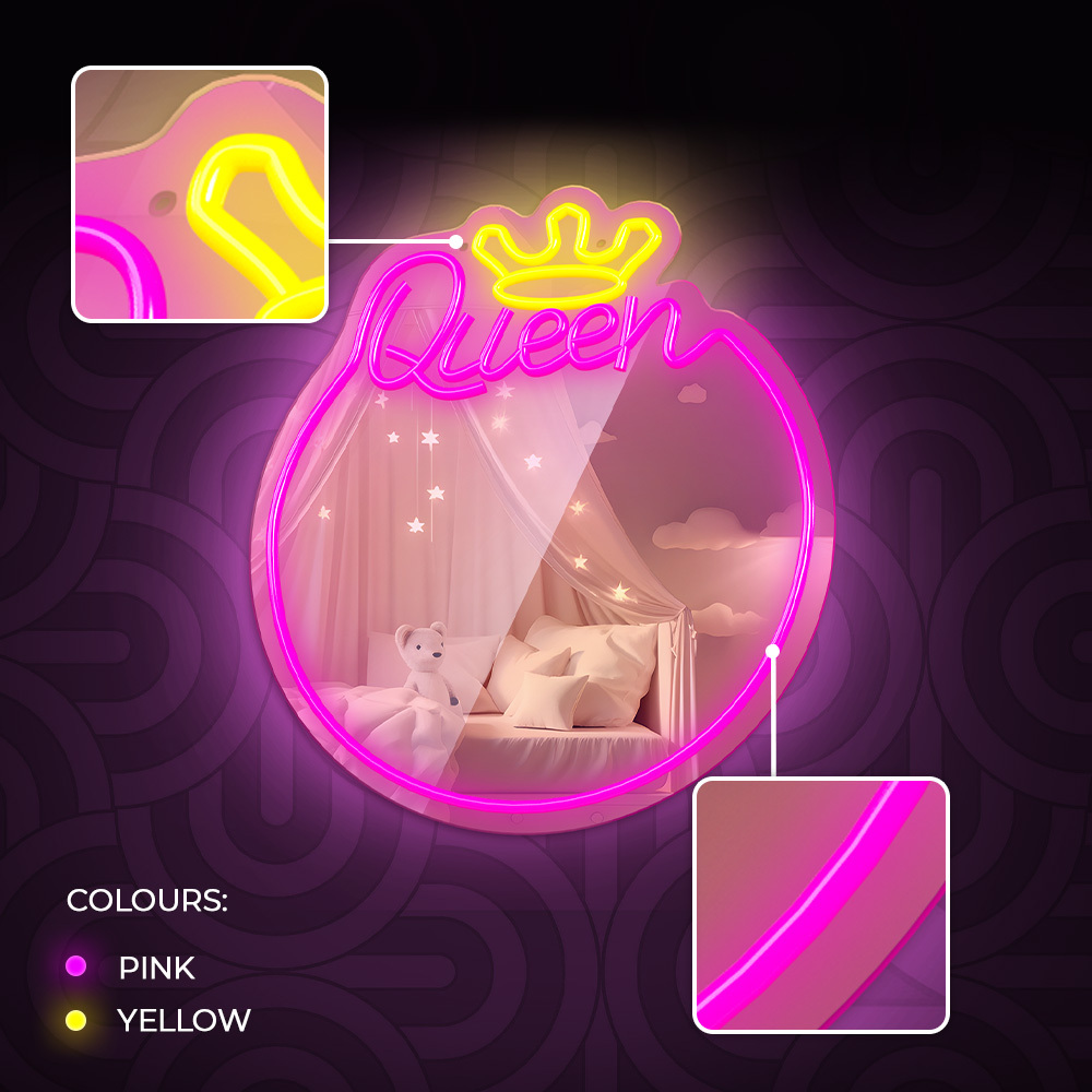 Insegna al neon rosa con testo 'Queen' e corona. Lo sfondo è viola.
