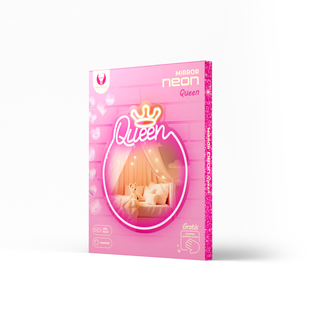Una scatola rosa di un'insegna al neon a specchio Queen, con l'immagine di un letto e un'insegna al neon.