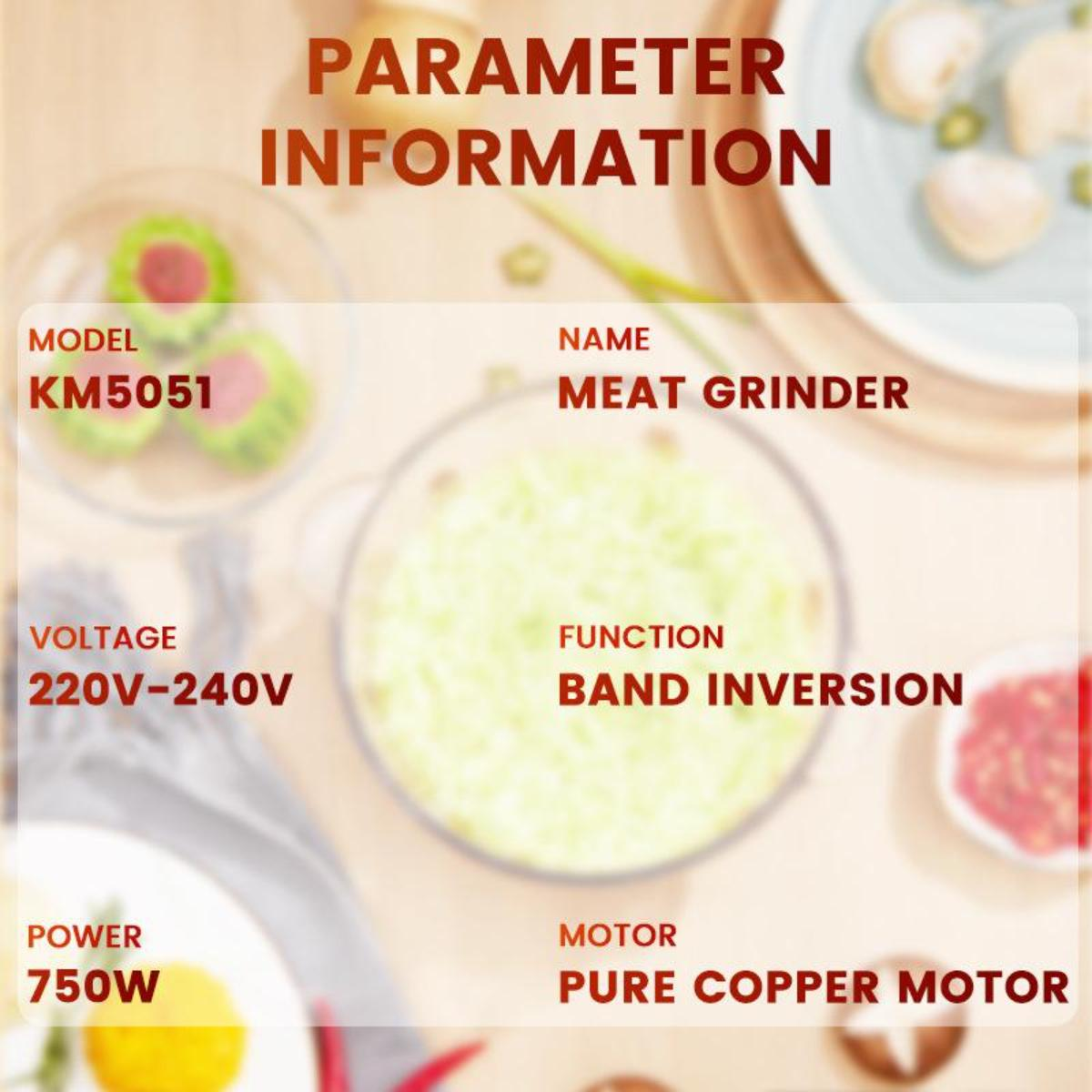 Informationen zum Fleischwolf. Zeigt Modell, Name, Spannung, Funktion, Leistung und Motor.