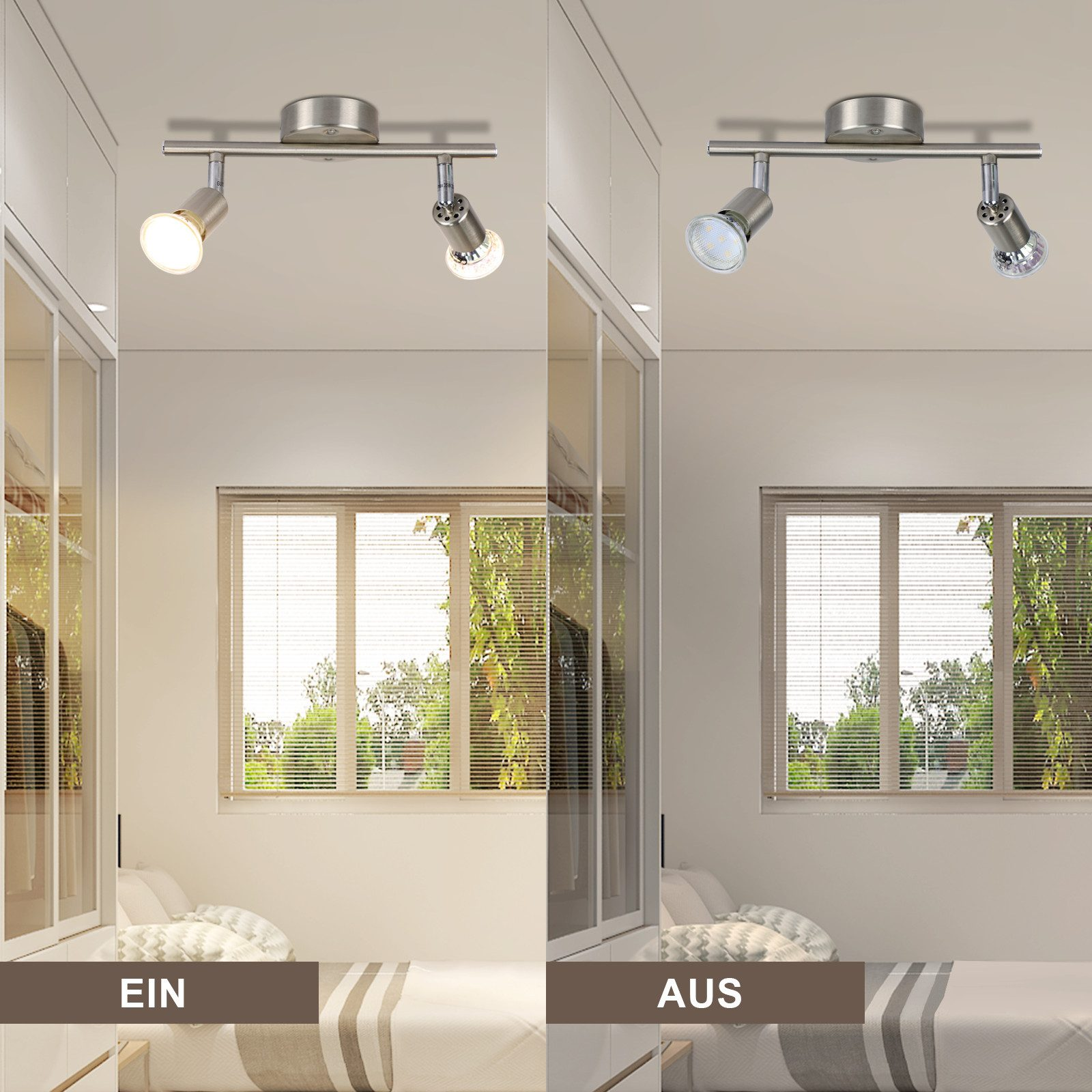 Dwie lampy sufitowe, jedna włączona i jedna wyłączona, w pokoju z oknem i żaluzjami.