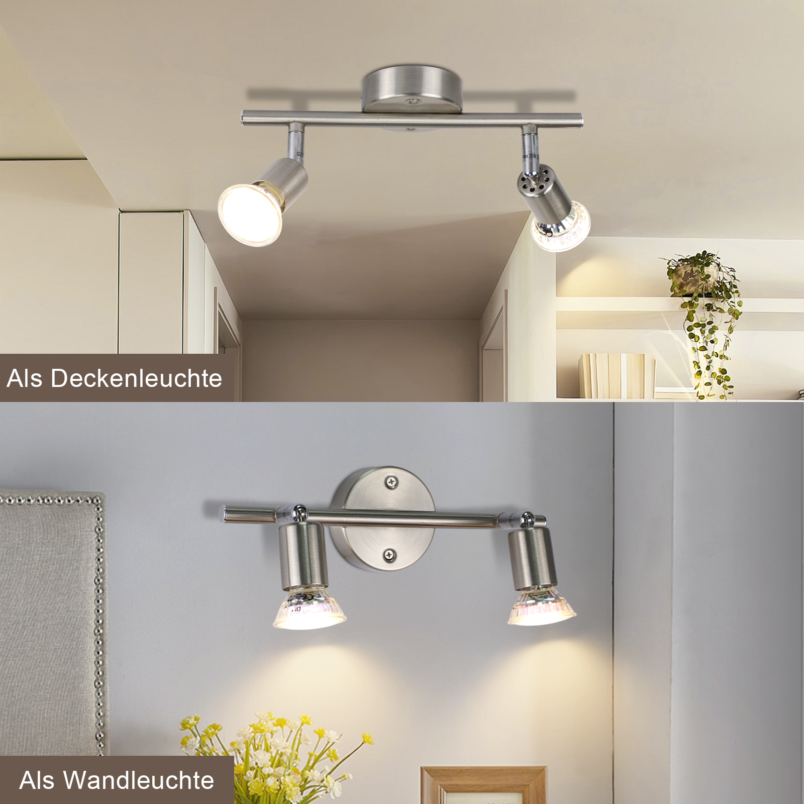 Dwa zestawy reflektorów, montowane na suficie i ścianie. Reflektory są srebrne i mają jasne światło.