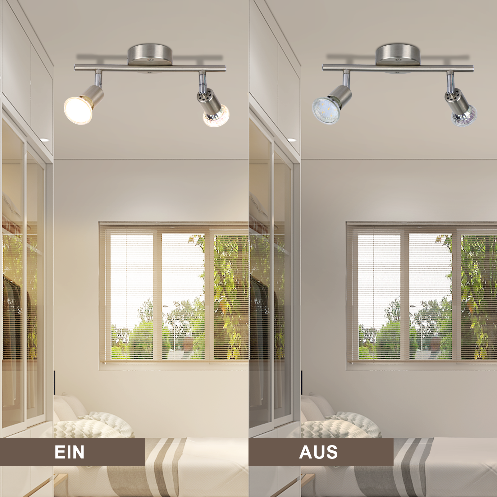 Dwa obrazy sufitu z reflektorami. Po lewej stronie światła są włączone, a po prawej wyłączone.