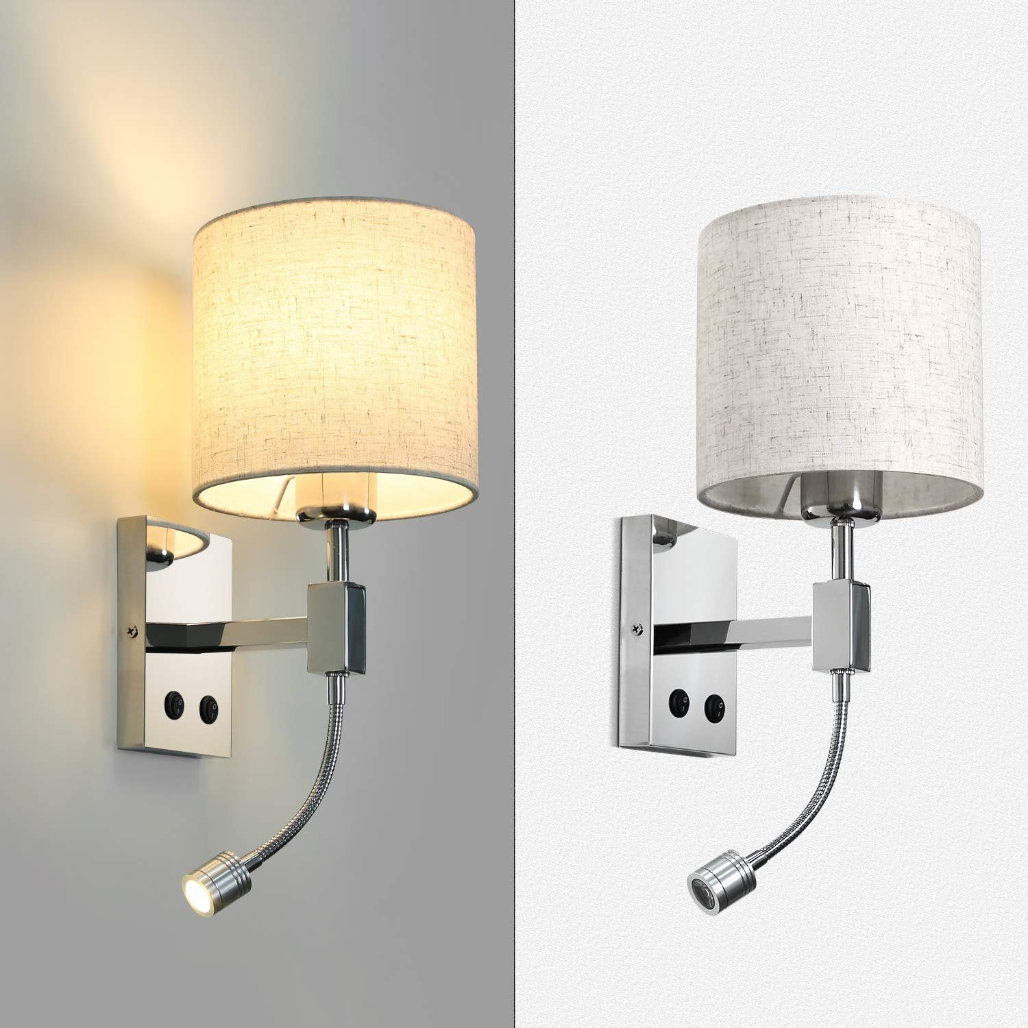 Zwei Wandlampen mit beigem Lampenschirm, eine an und eine aus.