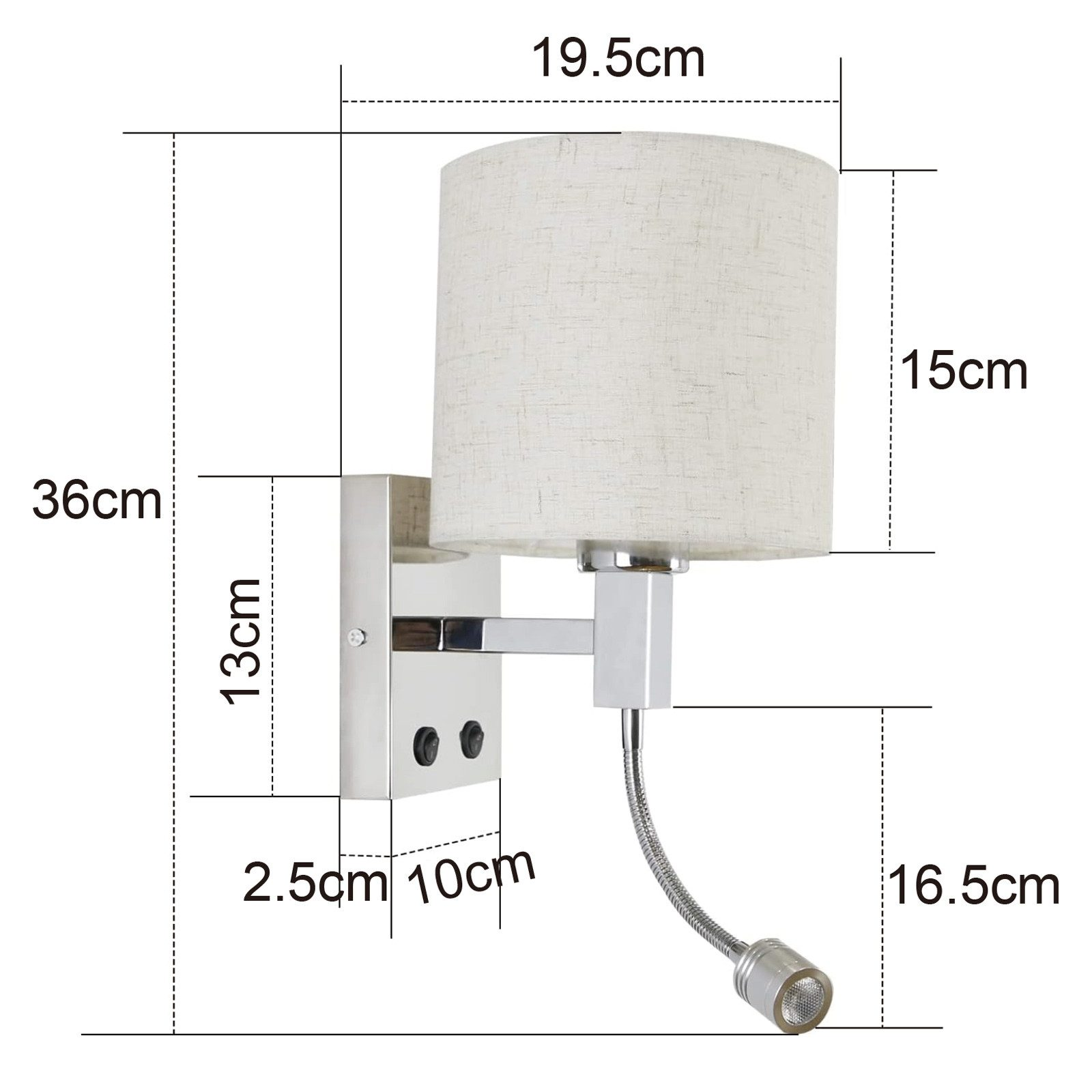Wandmontierte Nachttischlampe mit flexiblem Leselicht und USB-Ladeanschluss.