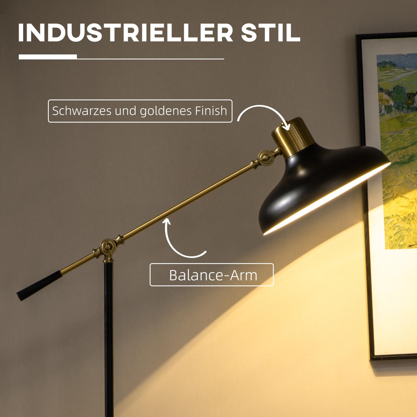 Schwarz-goldene Stehlampe im Industriestil, beleuchtet, mit Text.