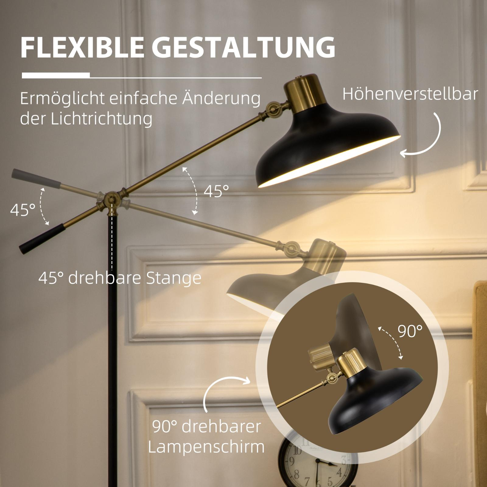 Stehlampe mit verstellbarem Arm und Lampenschirm. Die Lampe ist in einem Raum.