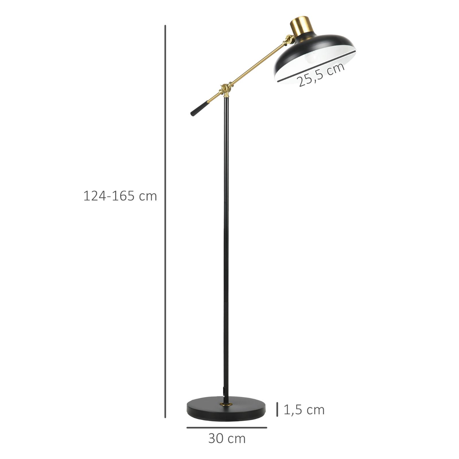 Schwarze und goldfarbene Stehlampe. Der Lampenkopf ist schwarz, der Arm goldfarben und der Sockel schwarz.