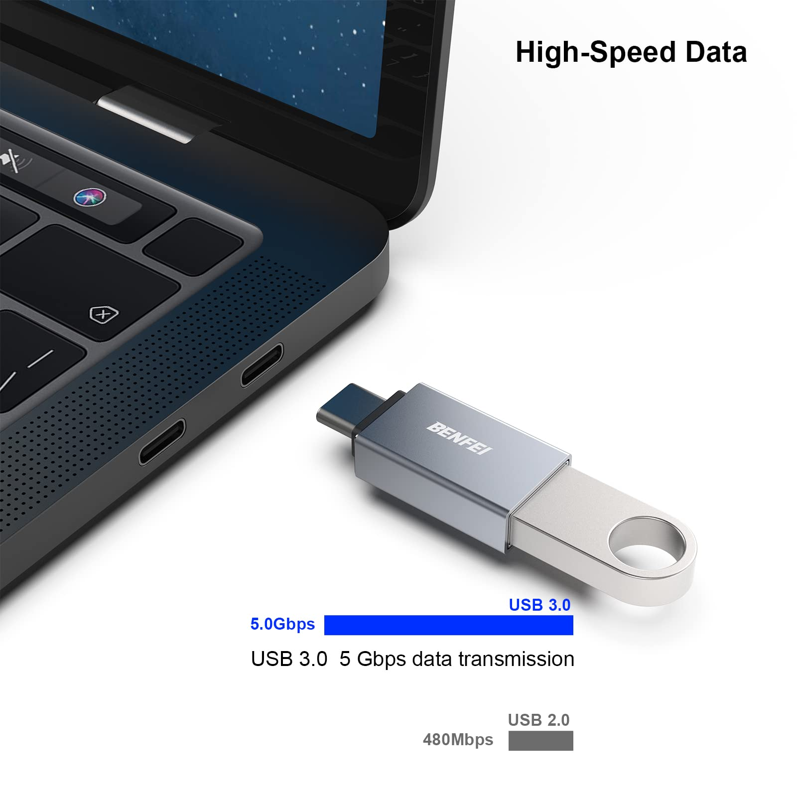Ein grauer USB 3.0-Flash-Laufwerk, das an einen Laptop angeschlossen ist. Text zeigt Datenübertragungsgeschwindigkeiten von USB 2.0 und USB 3.0.