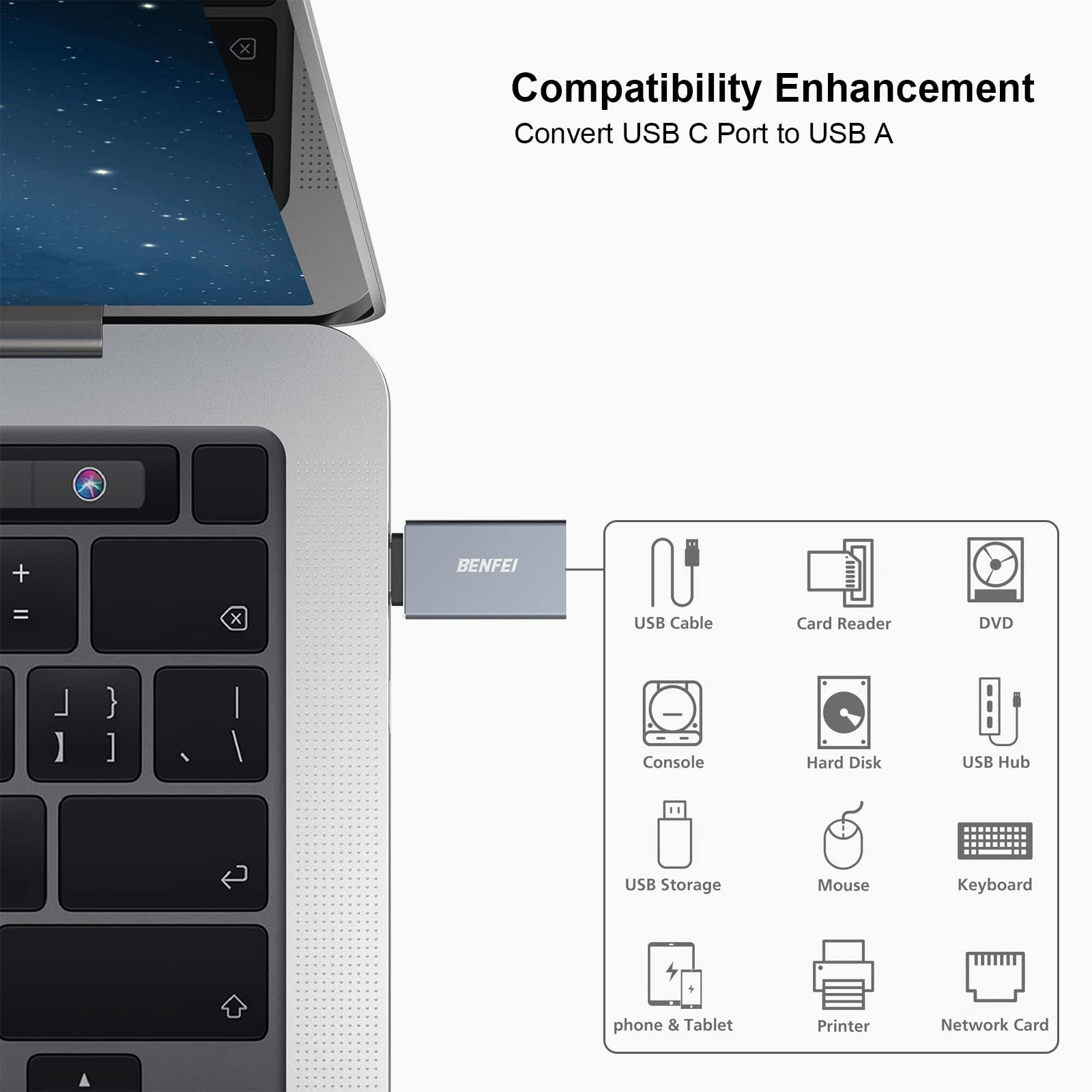 Ein Laptop mit USB-C-Anschluss, verbunden mit einem BENFEI-Adapter, zeigt USB-Geräte.