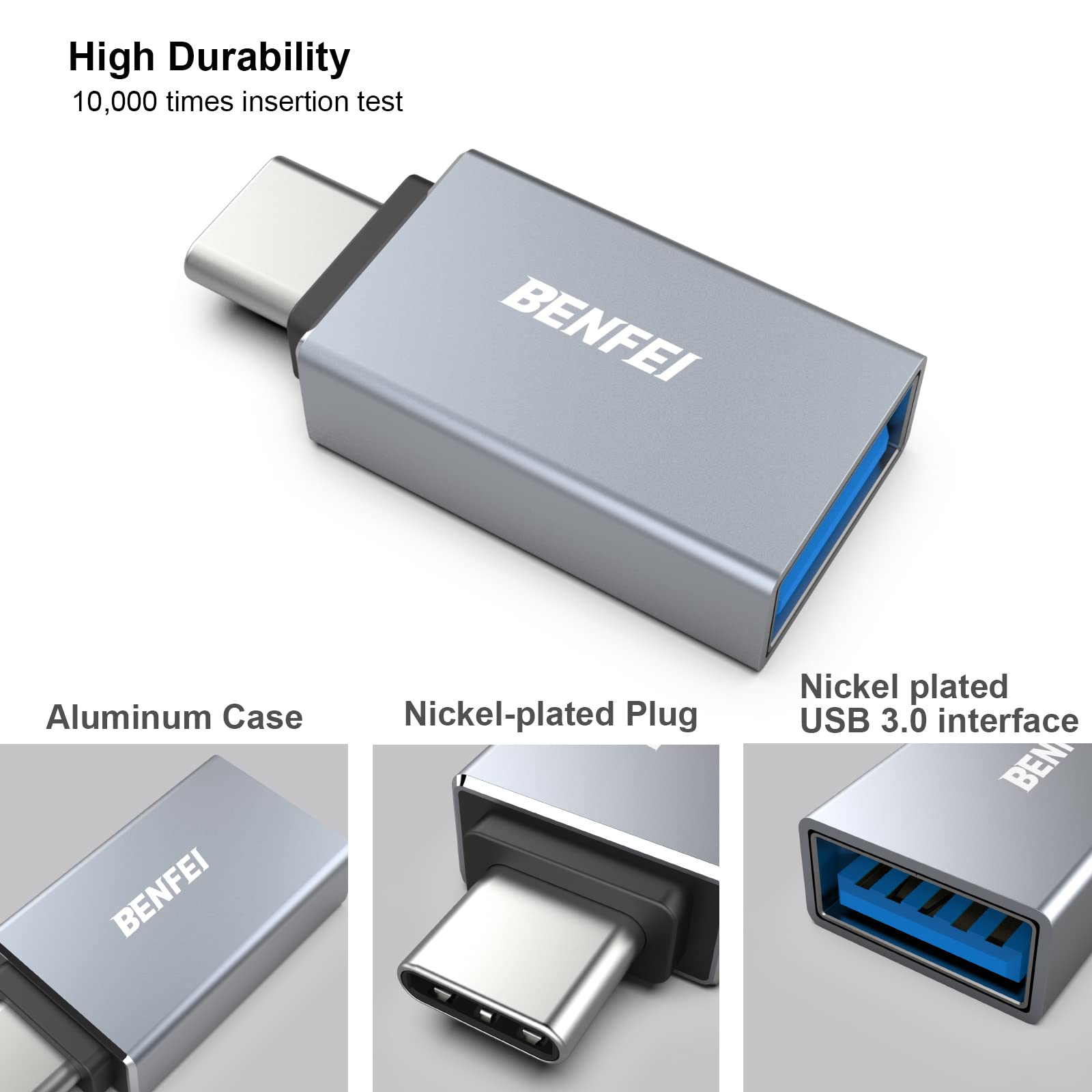 Silberner USB-C-Adapter mit blauem USB 3.0-Anschluss. Aluminiumgehäuse, vernickelter Stecker.