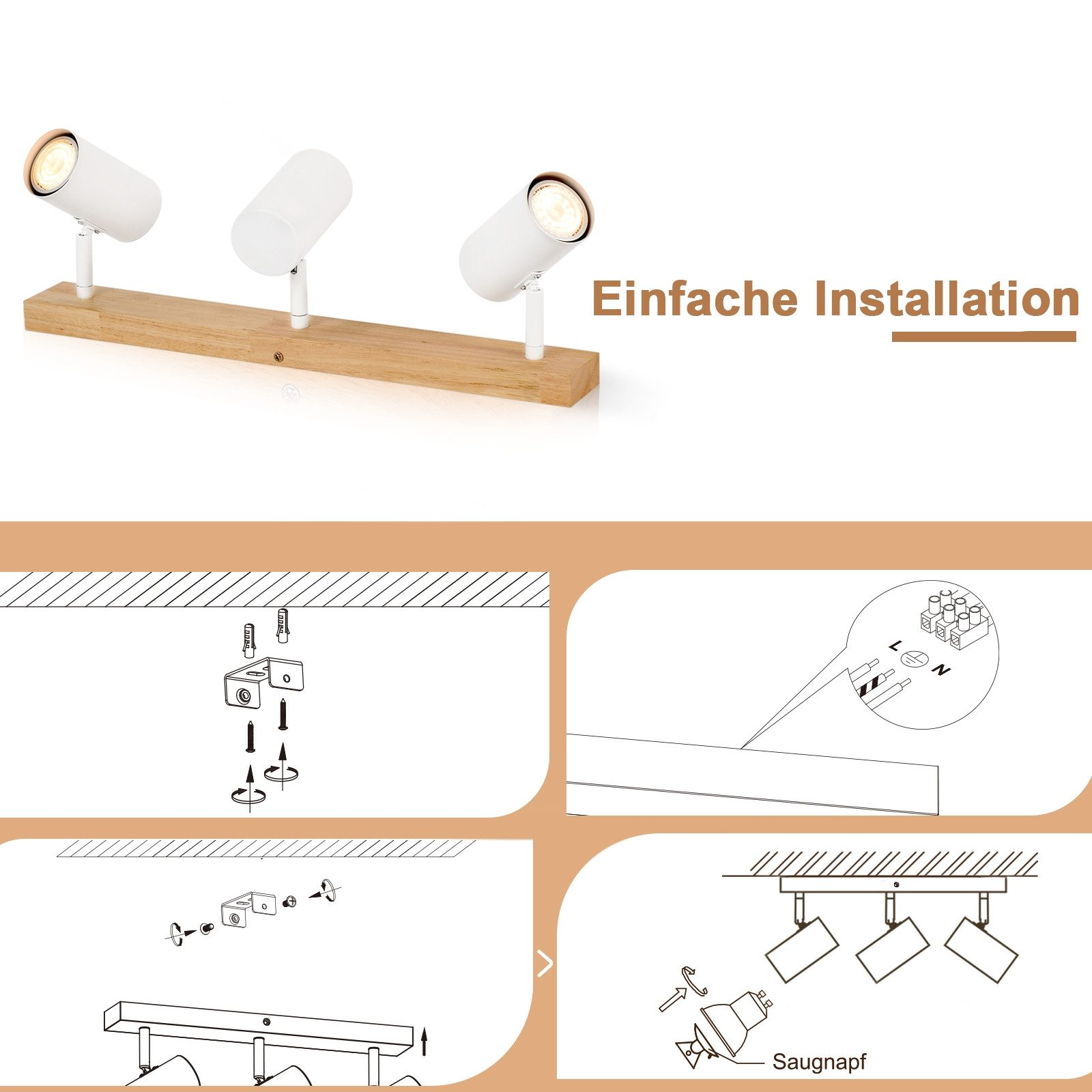 Tre faretti bianchi su una tavola di legno, con diagrammi di installazione.
