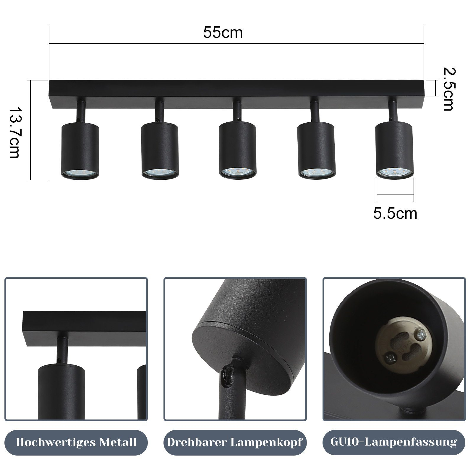 Una luminaria de foco lineal negro con cinco luces, dimensiones etiquetadas y tres tomas de detalle de cerca.