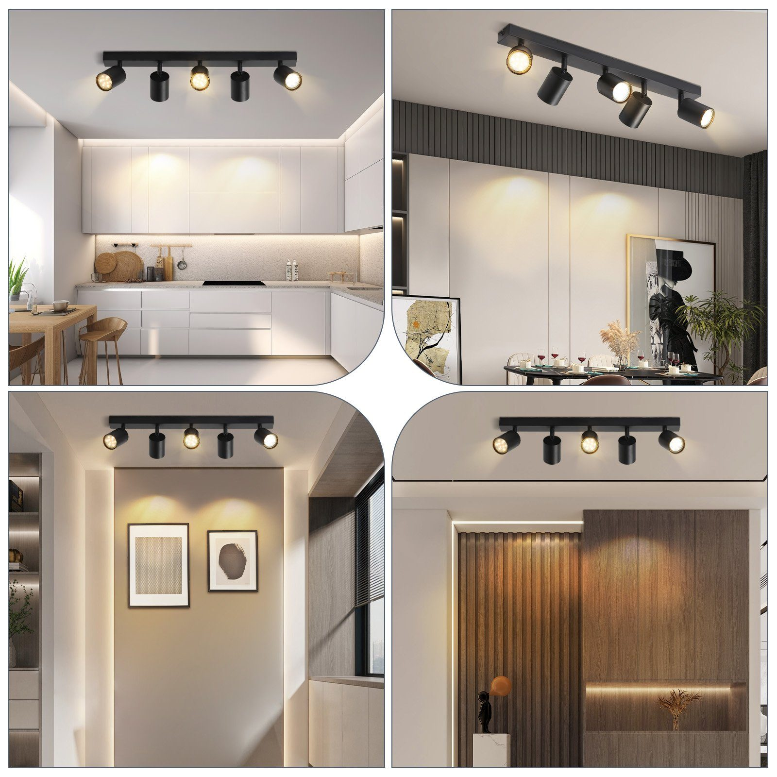 Un collage de habitaciones, cada una con focos negros en el techo, iluminando diferentes áreas.