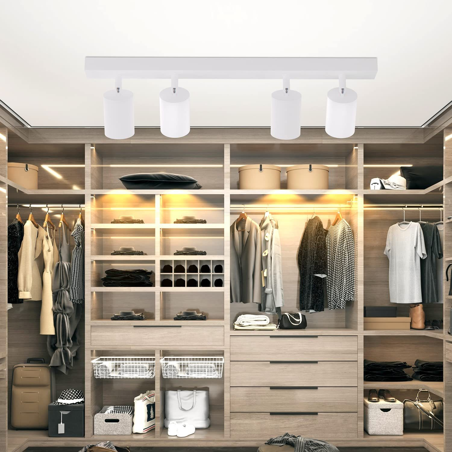 Vestidor con iluminación de riel blanca, ropa, estantes, cajones y una maleta. Diseño de madera.