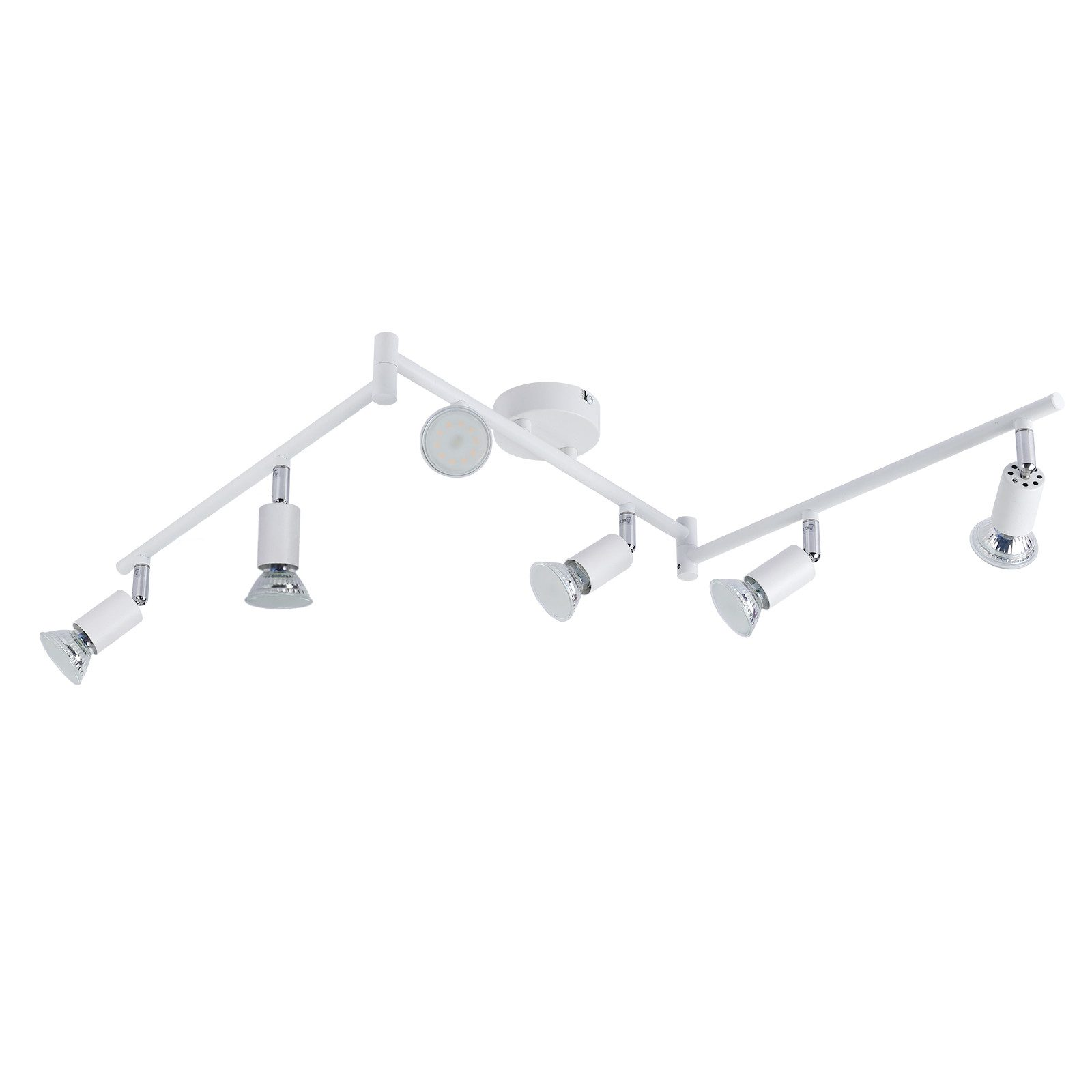 Sistema di illuminazione a binario bianco a soffitto con faretti regolabili.