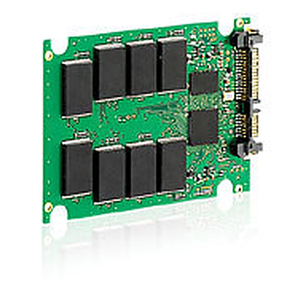 Unità SSD, circuito stampato verde, vari componenti neri e connettori.
