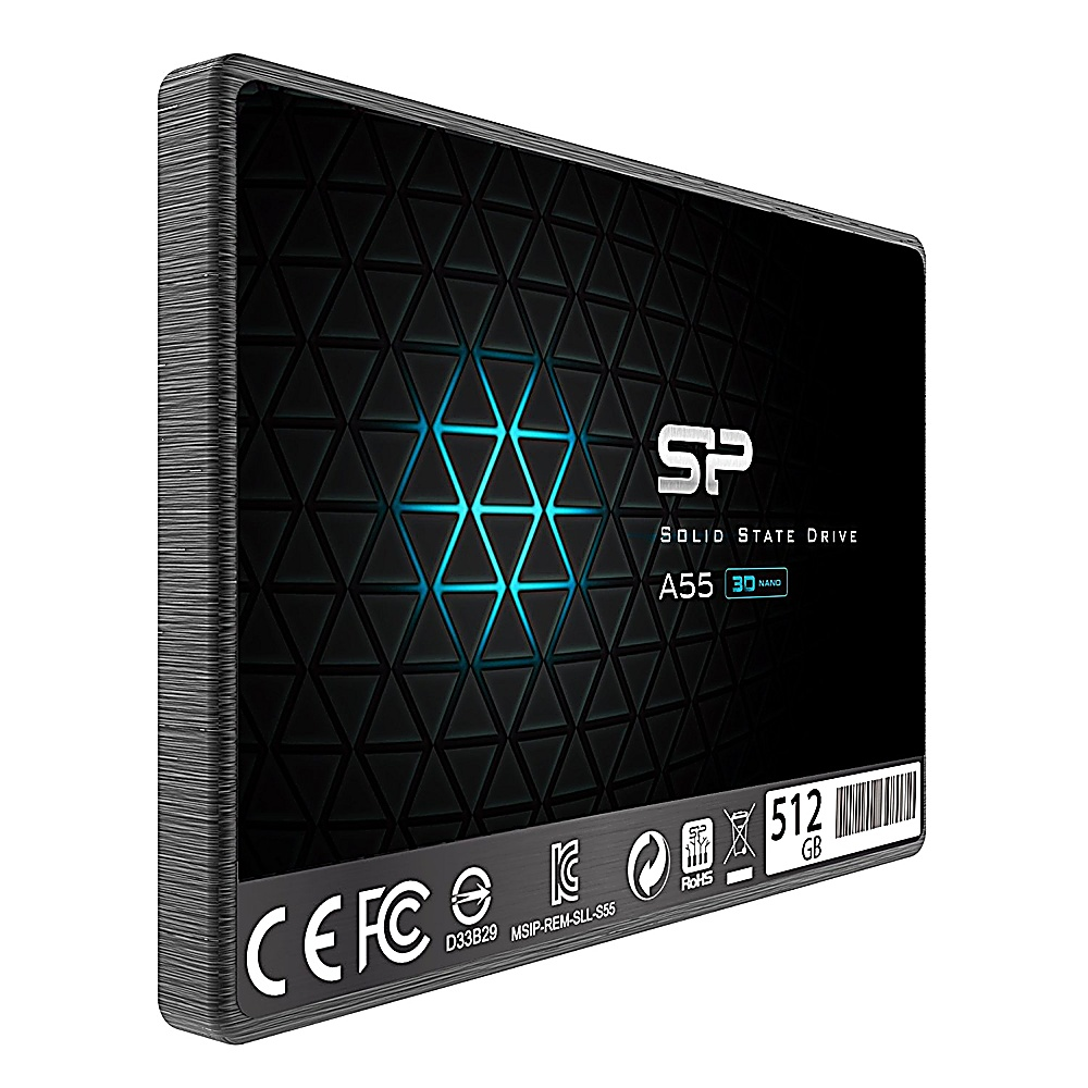 Schwarze und graue Solid-State-Festplatte (SSD) mit geometrischem Muster und 512GB-Etikett.