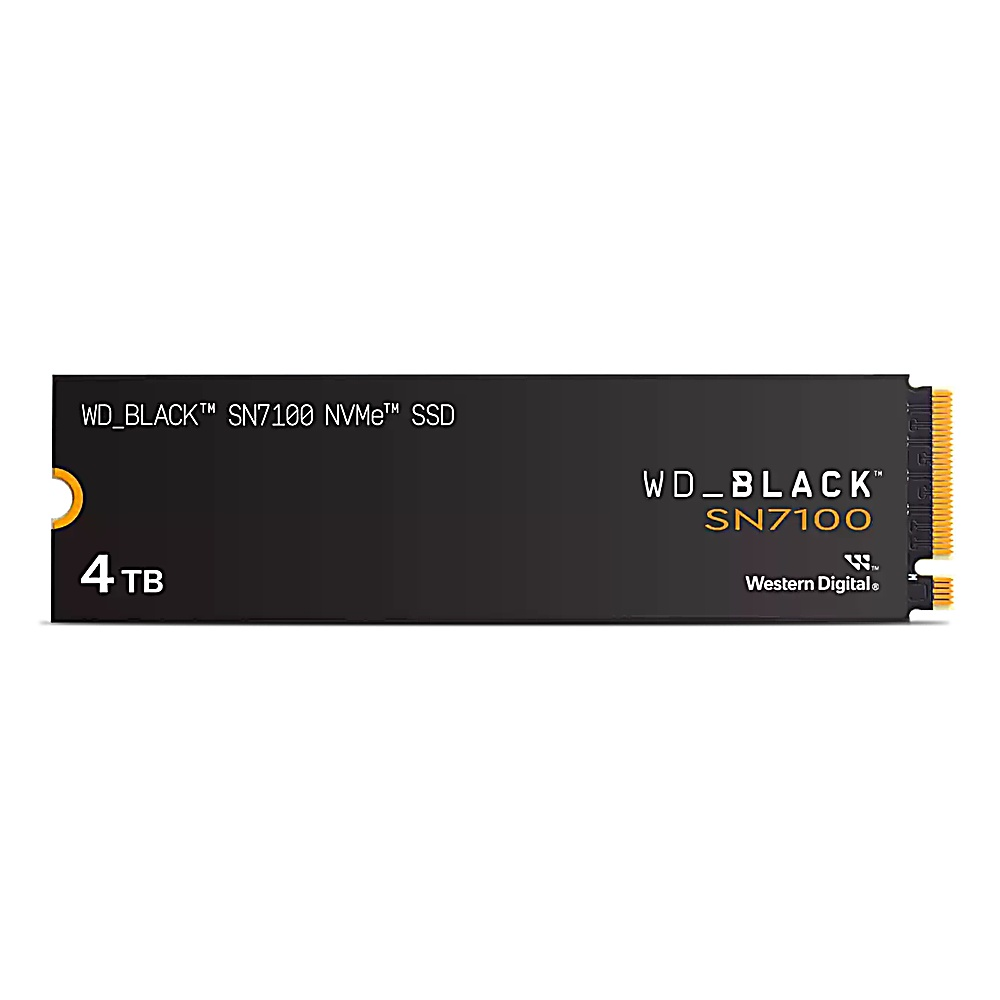WD_BLACK SN7100 NVMe SSD, czarny z białym tekstem, pojemność 4TB, białe tło.