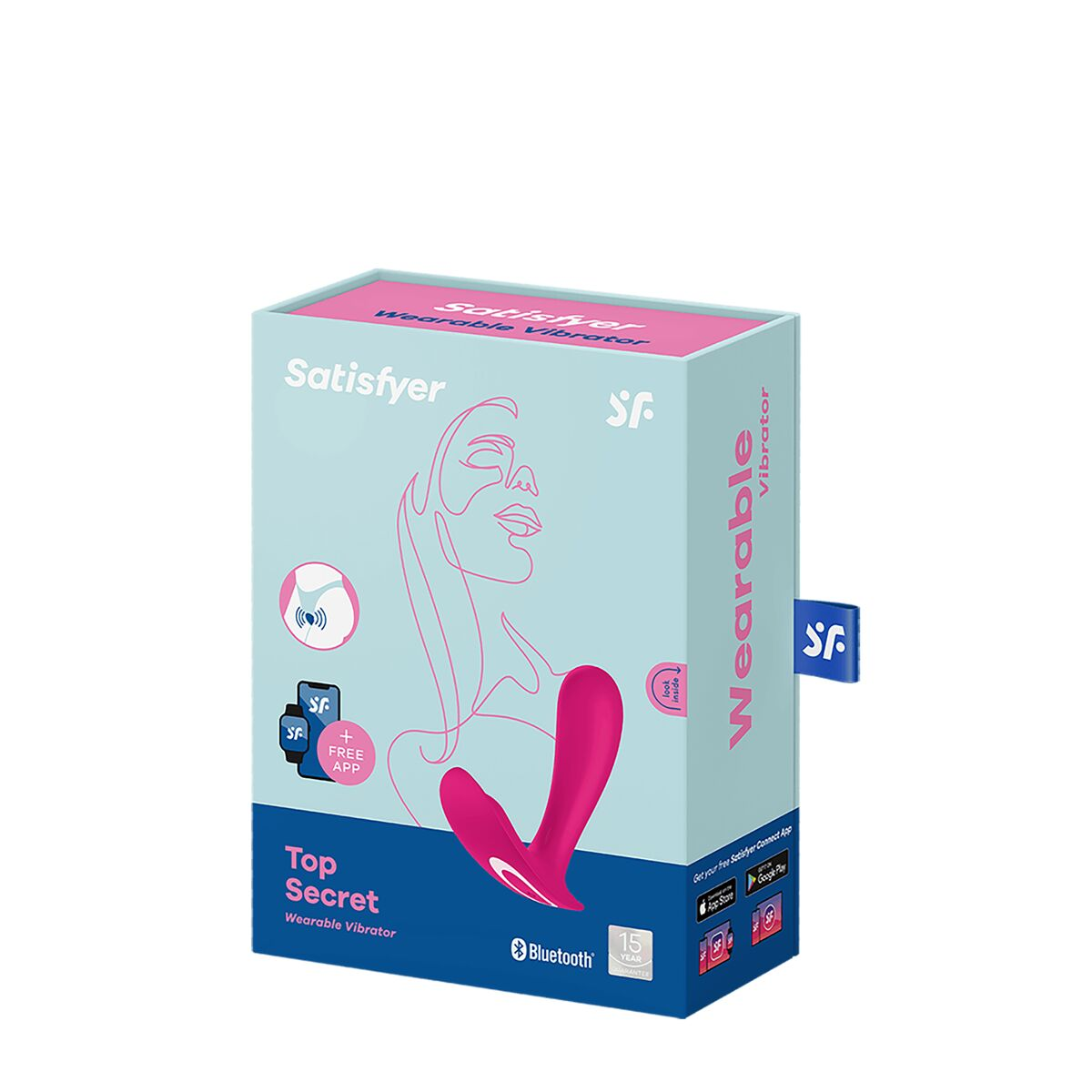 Una caja rosa de un vibrador portátil, con una imagen de una mujer y el producto.