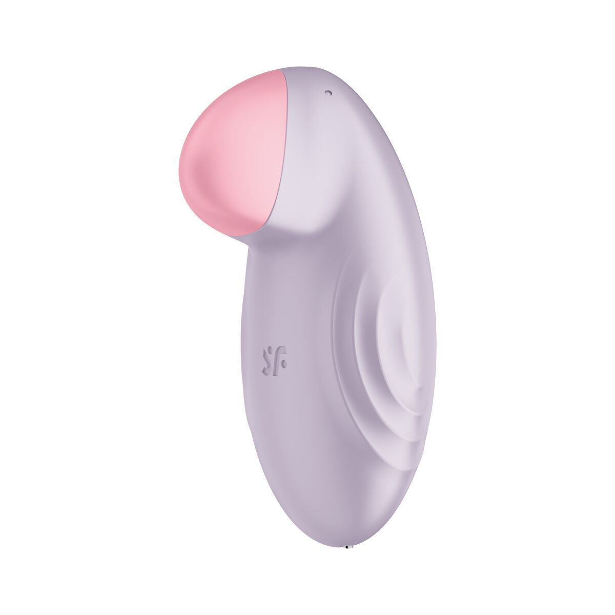 Un dispositivo curvo lila claro con una parte superior rosa. Probablemente sea un juguete sexual.