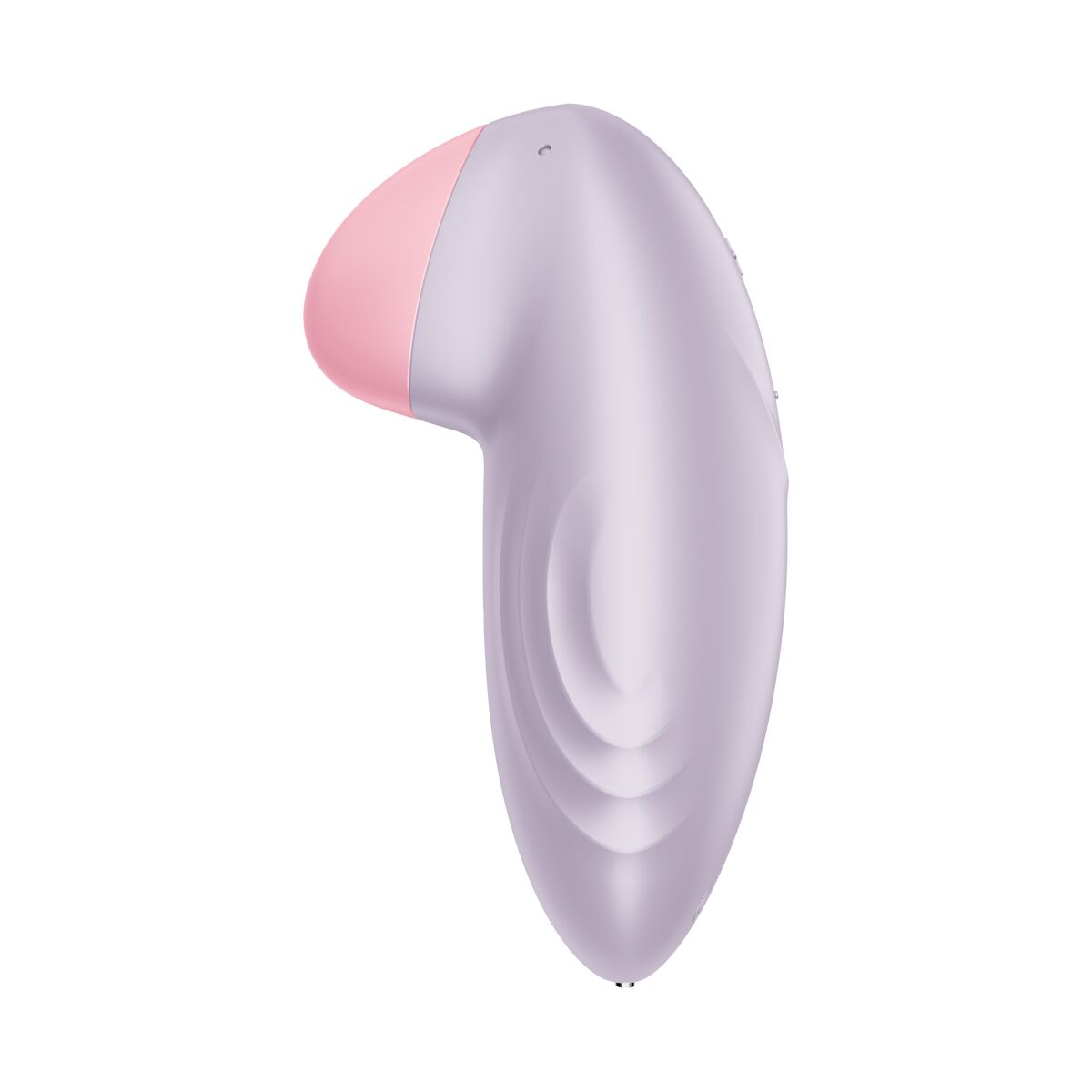 Un dispositivo curvo lila claro con una parte superior rosa. Probablemente sea un juguete sexual.