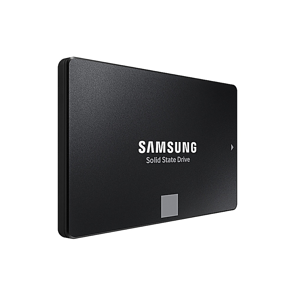 Schwarze Samsung SSD mit weißem Logo und kleinem Quadrat.