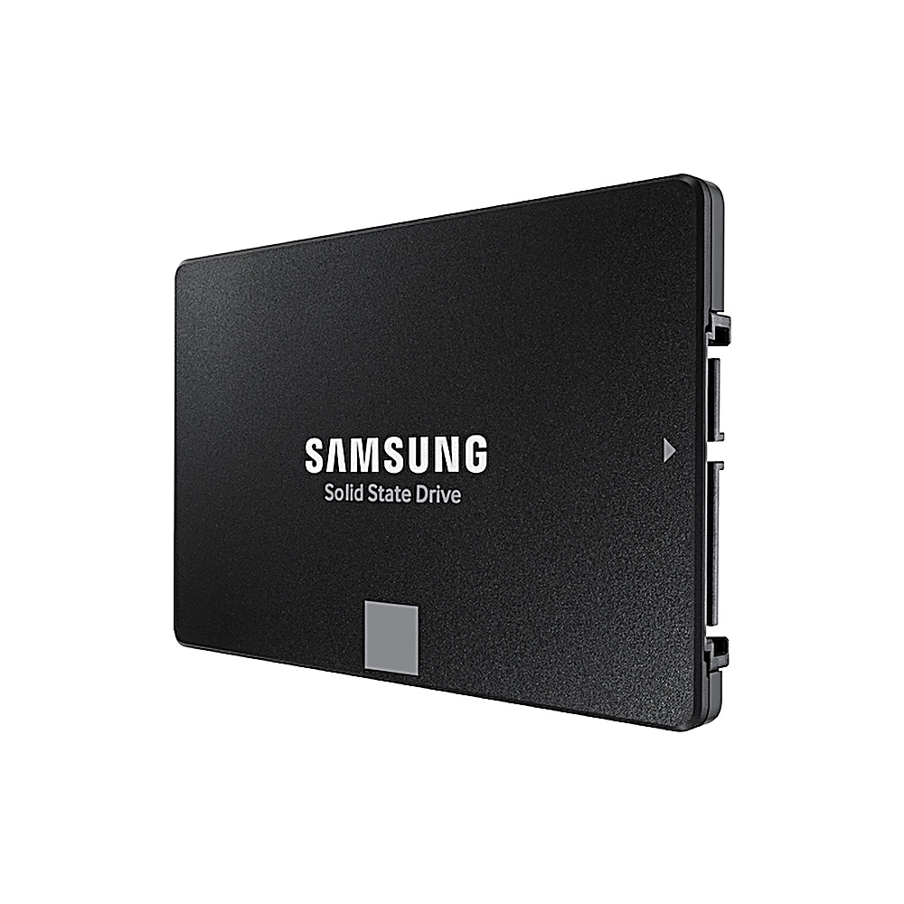 Schwarze Samsung SSD mit weißem Logo und kleinem Quadrat.