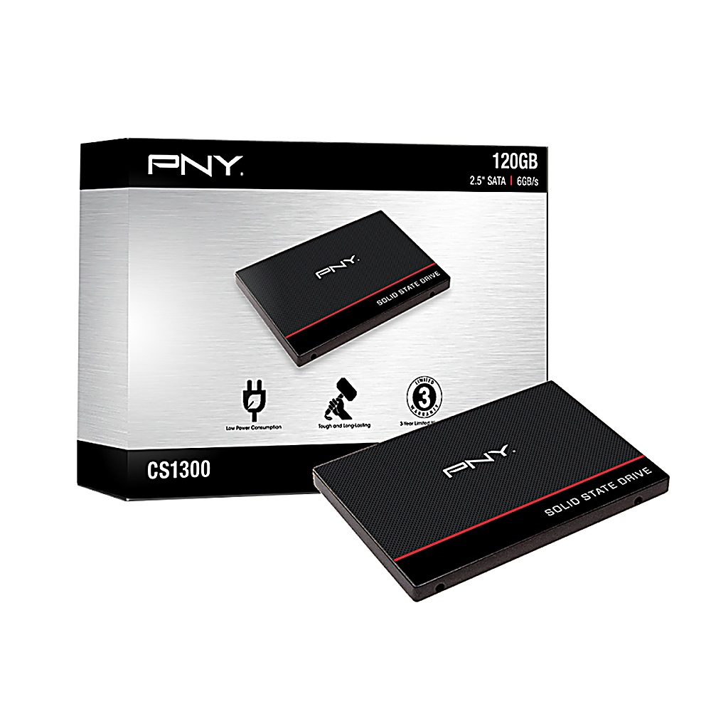 SSD PNY CS1300 dentro e fuori dalla scatola. Nero con finiture rosse, sfondo bianco.