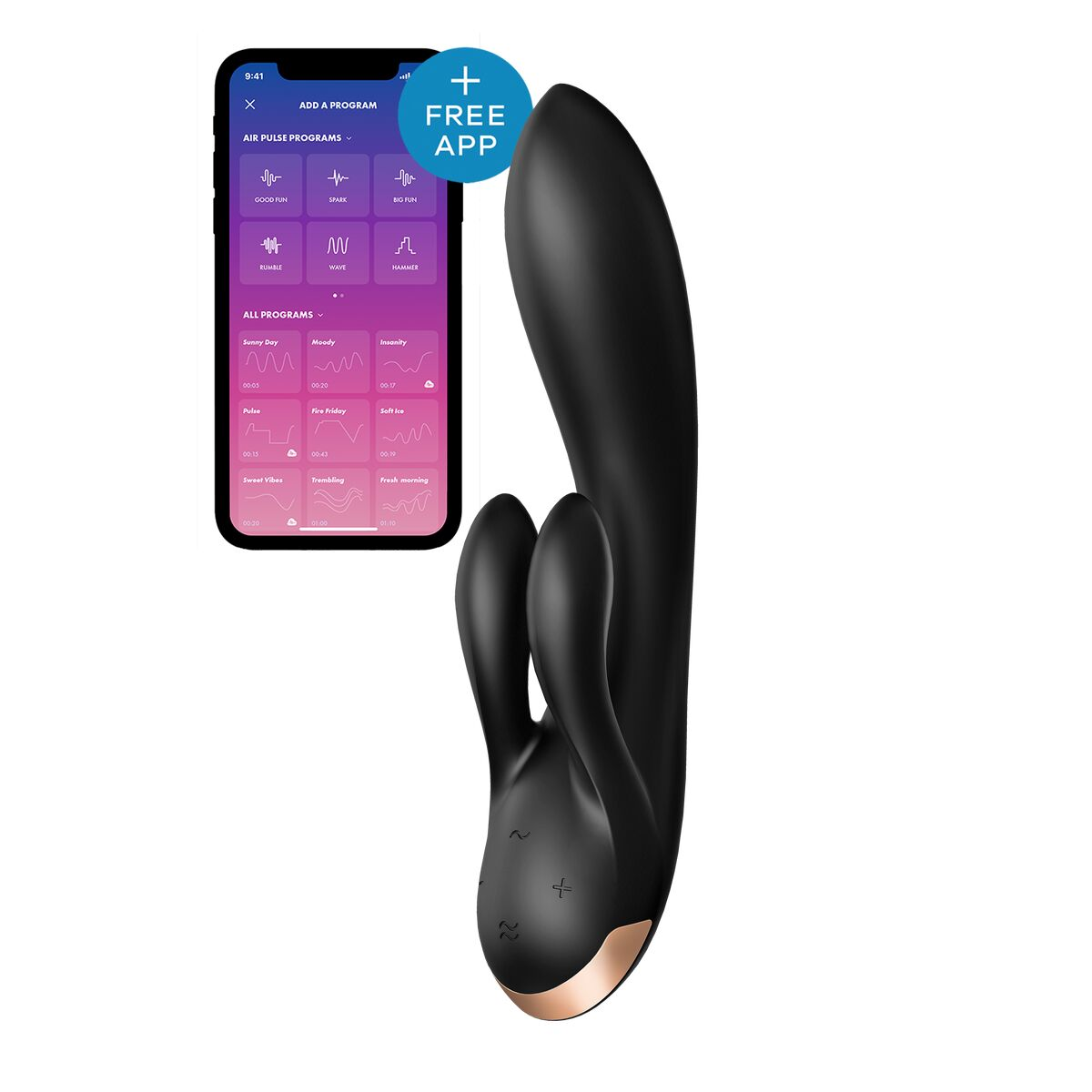 Un juguete sexual negro con diseño de orejas de conejo, junto a un teléfono que muestra una interfaz de aplicación. Detalles dorados.