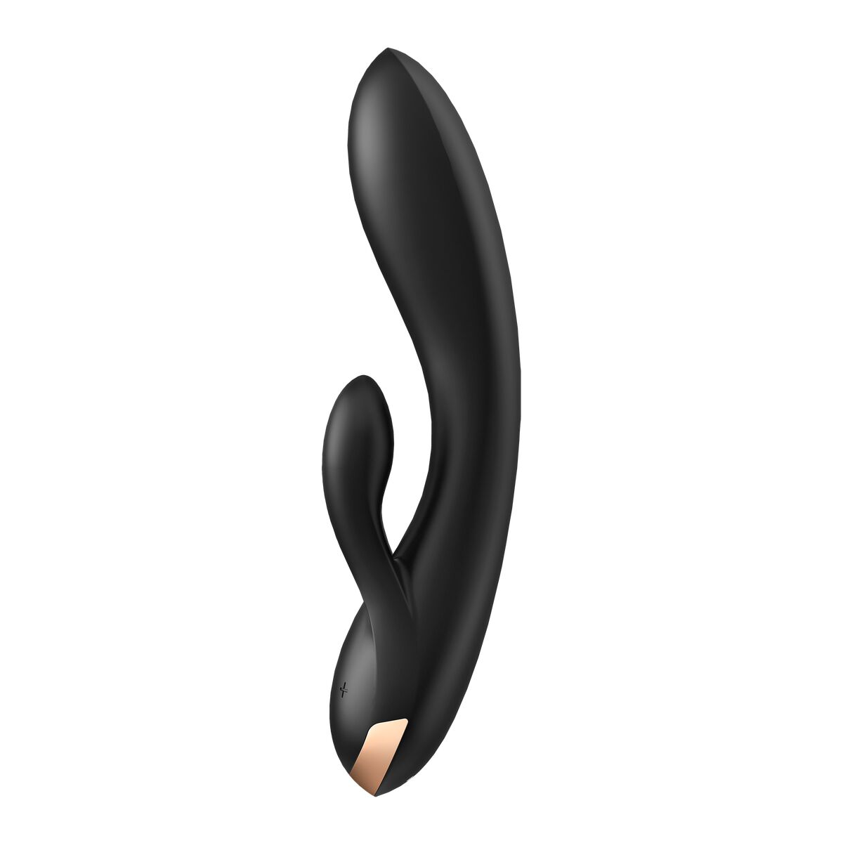 Un juguete sexual negro con diseño de eje curvado.
