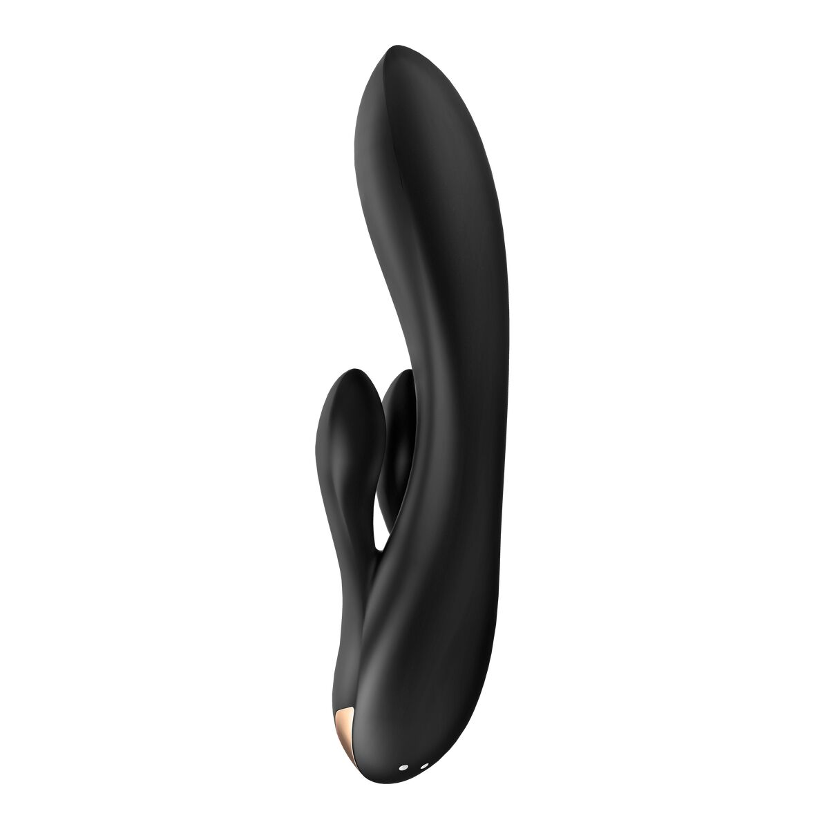 Un juguete sexual negro con base dorada, fondo blanco.