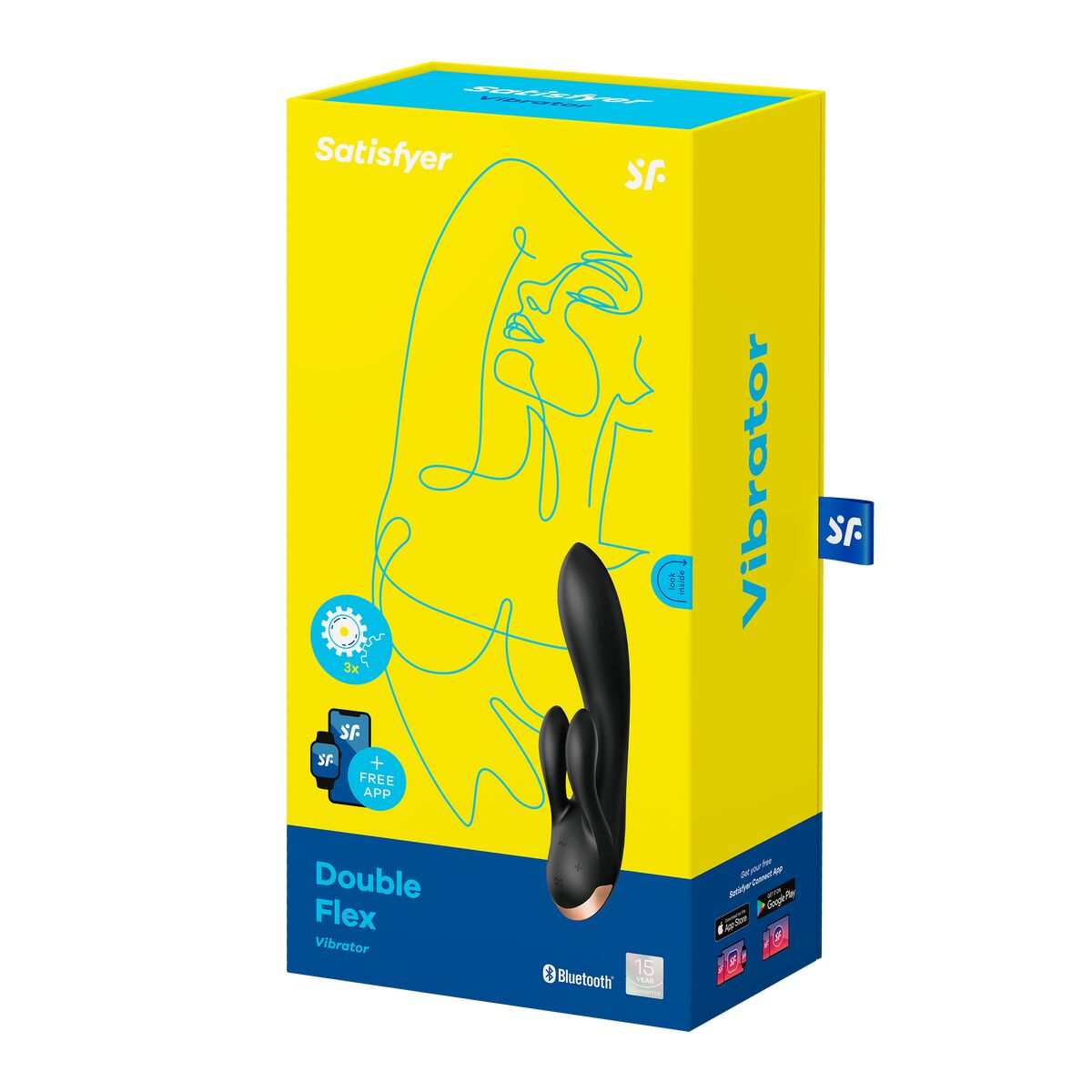 Una caja amarilla para un vibrador Satisfyer Double Flex.