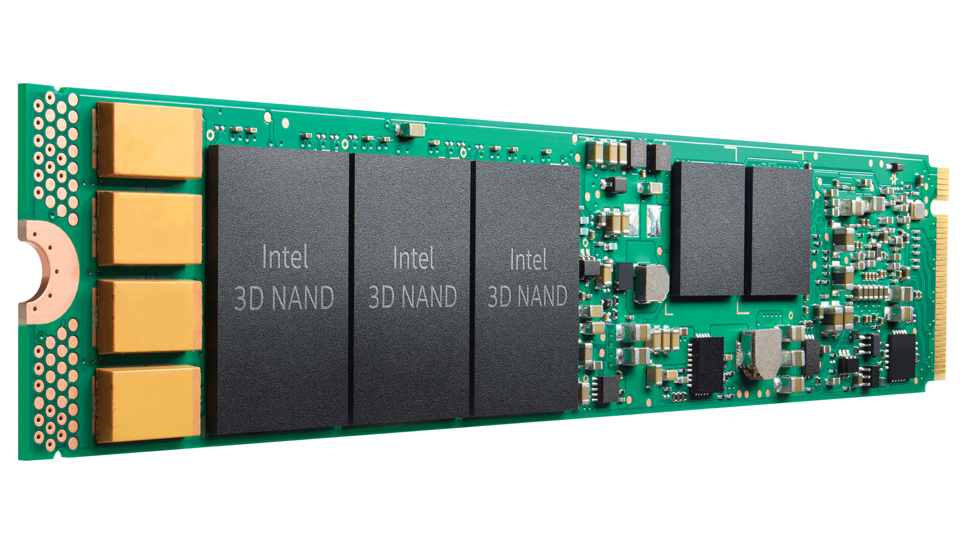 Scheda a circuito verde con quattro chip Intel 3D NAND e altri componenti, sfondo bianco.
