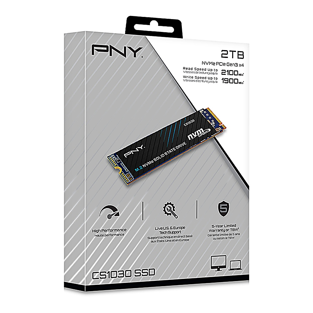 PNY CS1030 SSD w pudełku, z tekstem i zdjęciem dysku SSD.
