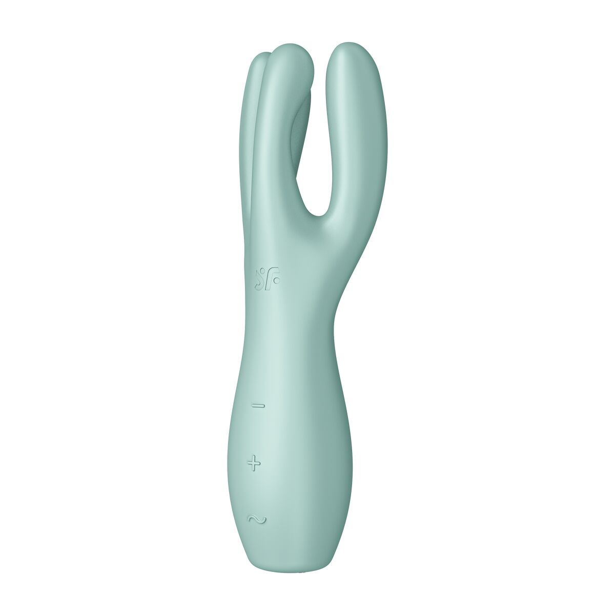 Vibrador verde menta con forma de mano y marcas. Fondo blanco.