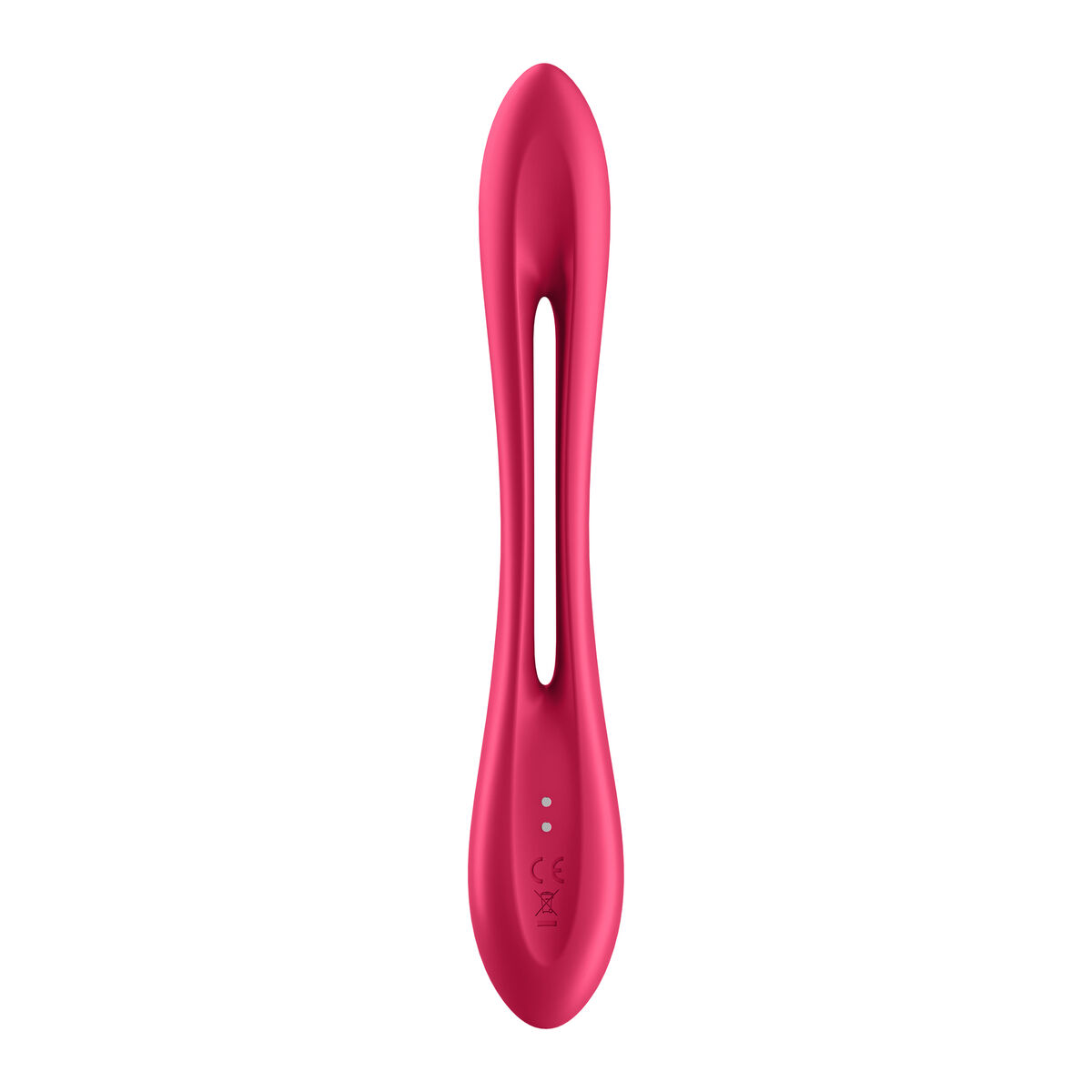Un vibrador rosa con diseño curvo y apertura central, con tres puntos cerca de la base.