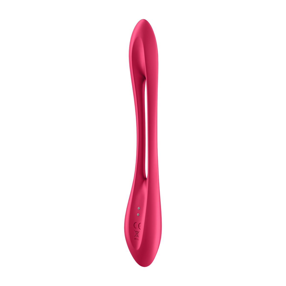 Vibrador rosa con forma larga y curvada. Fondo blanco.