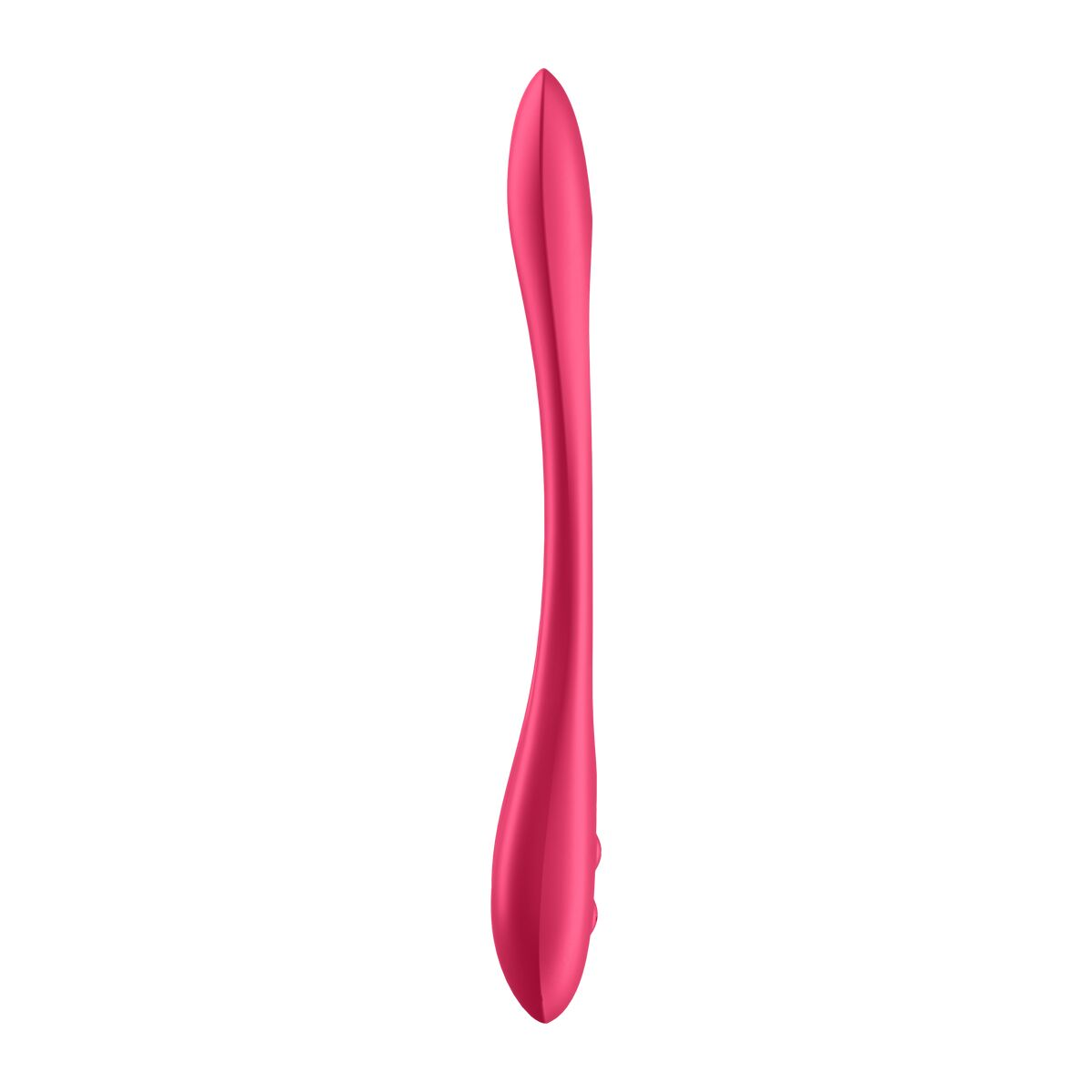 Juguete sexual rosa. Forma alargada, curvada, superficie lisa, sobre fondo blanco.