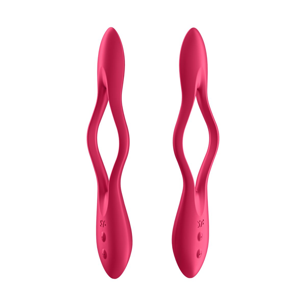 Dos vibradores rosas, forma curva con dos agujeros, sobre fondo blanco.