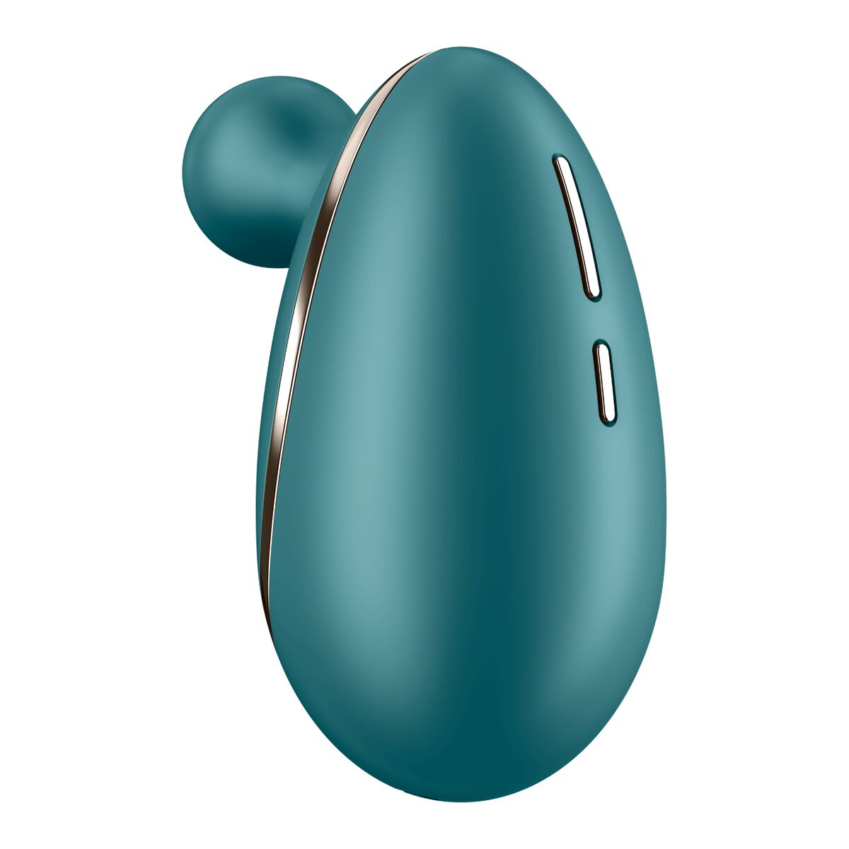 Vibrador verde azulado con parte superior redondeada y acentos plateados, con dos botones blancos, sobre blanco.