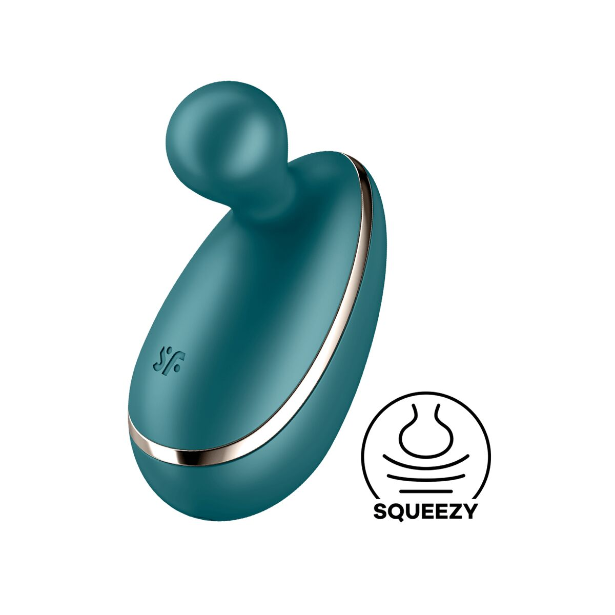 Vibrador turquesa con cabeza redonda y banda plateada. Icono Squeezy.