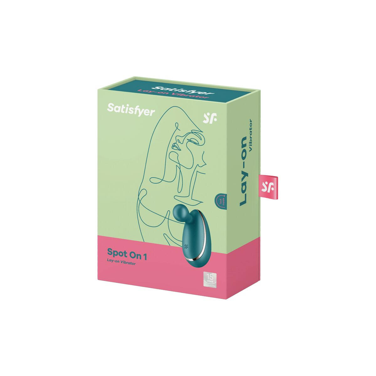 Caja del vibrador Satisfyer Lay-on Spot On 1 en verde y rojo.